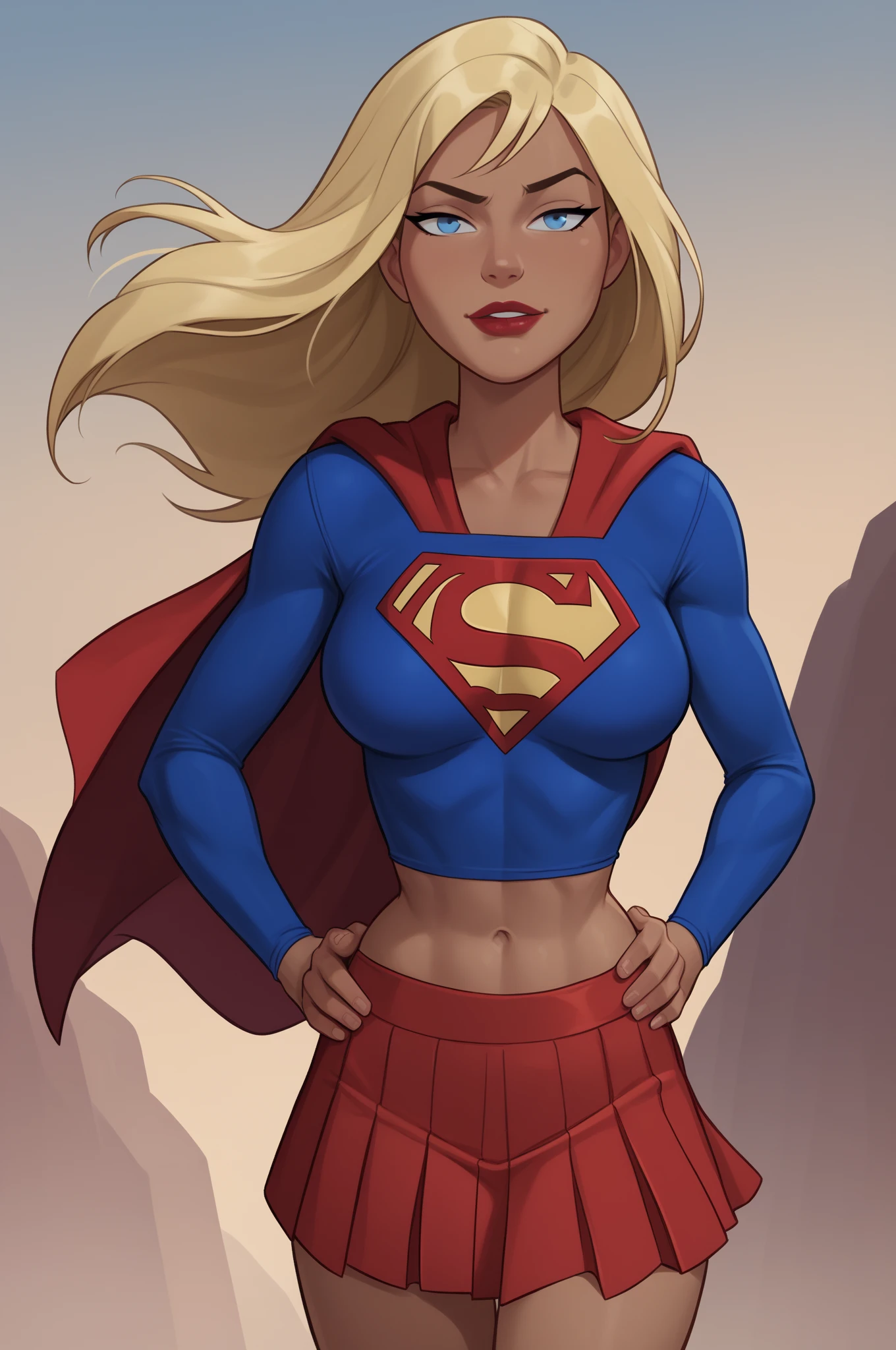 draw of a supergirl,  pillarboxed,  grey border,
blonde hair,   cute superhero suit, large breasts,  long hair,  solo,
<lora:Landscape_Ink-000003:.7>