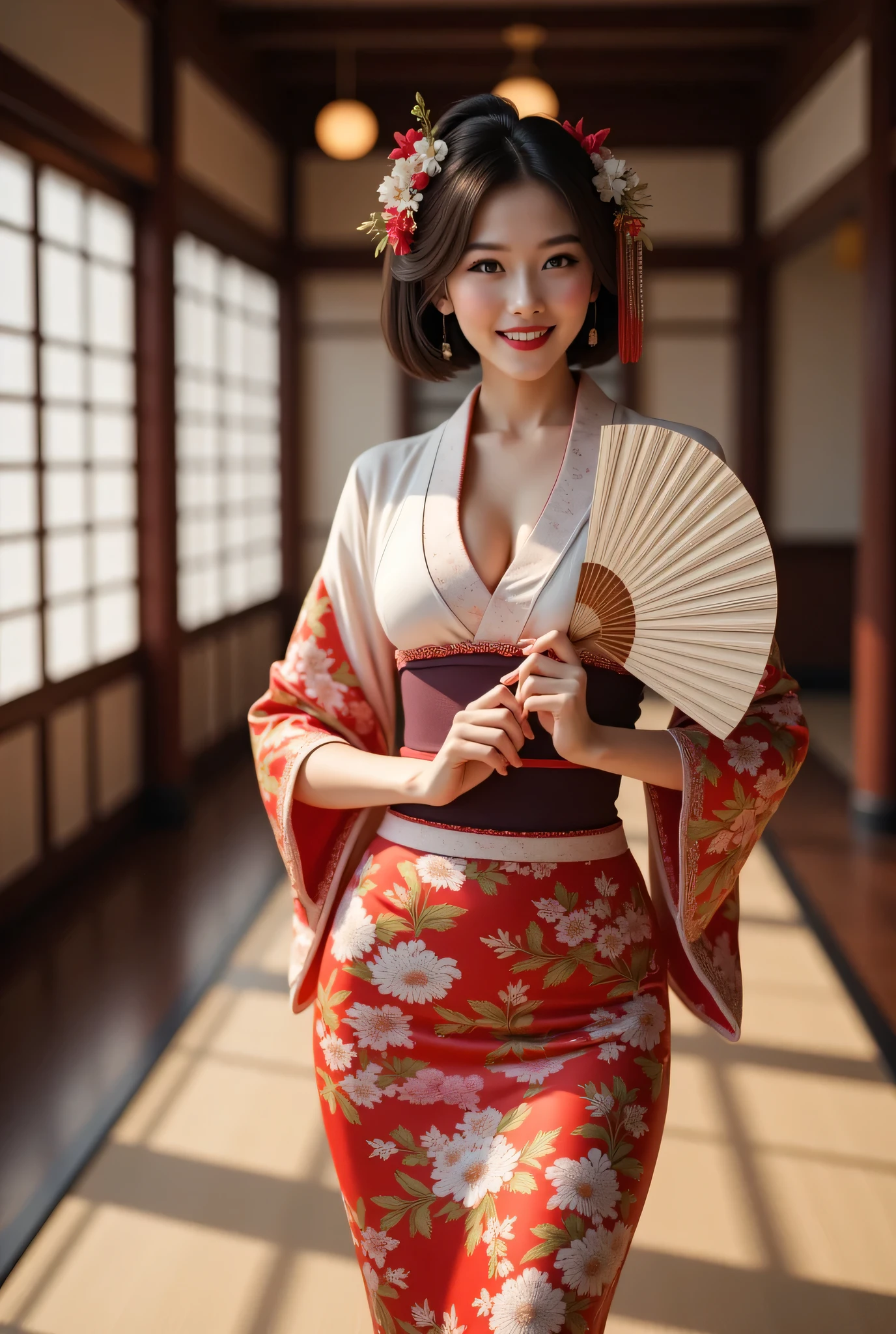 A symmetrically balanced distance wide angle image set in ancient tokugawa time era. The scene features a lively, luscious, and shapely anciently japanese geisha JAV woman with a blush and a smile, dressed in a shaped of anciently japan kimono bosomy tight dress, kimono obi. She is holding and showing up an ancient large size of folding fan accessory, which are intricately highlighted. The image is centered with wide central leading lines, and the scenery is that of inside the ancient japan palace. The lighting is soft, with the fullest depth of field. The woman's hands are realistic with accurately depicted human fingers, and her hair is shiny. The overall style is that of modelling photography, with influences from Artstation, Deviantart, and Unreal Engine art. The image has a ultra realistic upscale detailed 3D computer graphics feel, with elements of silkPunkAi artwork.(ultra realistic lifelike texture depth).