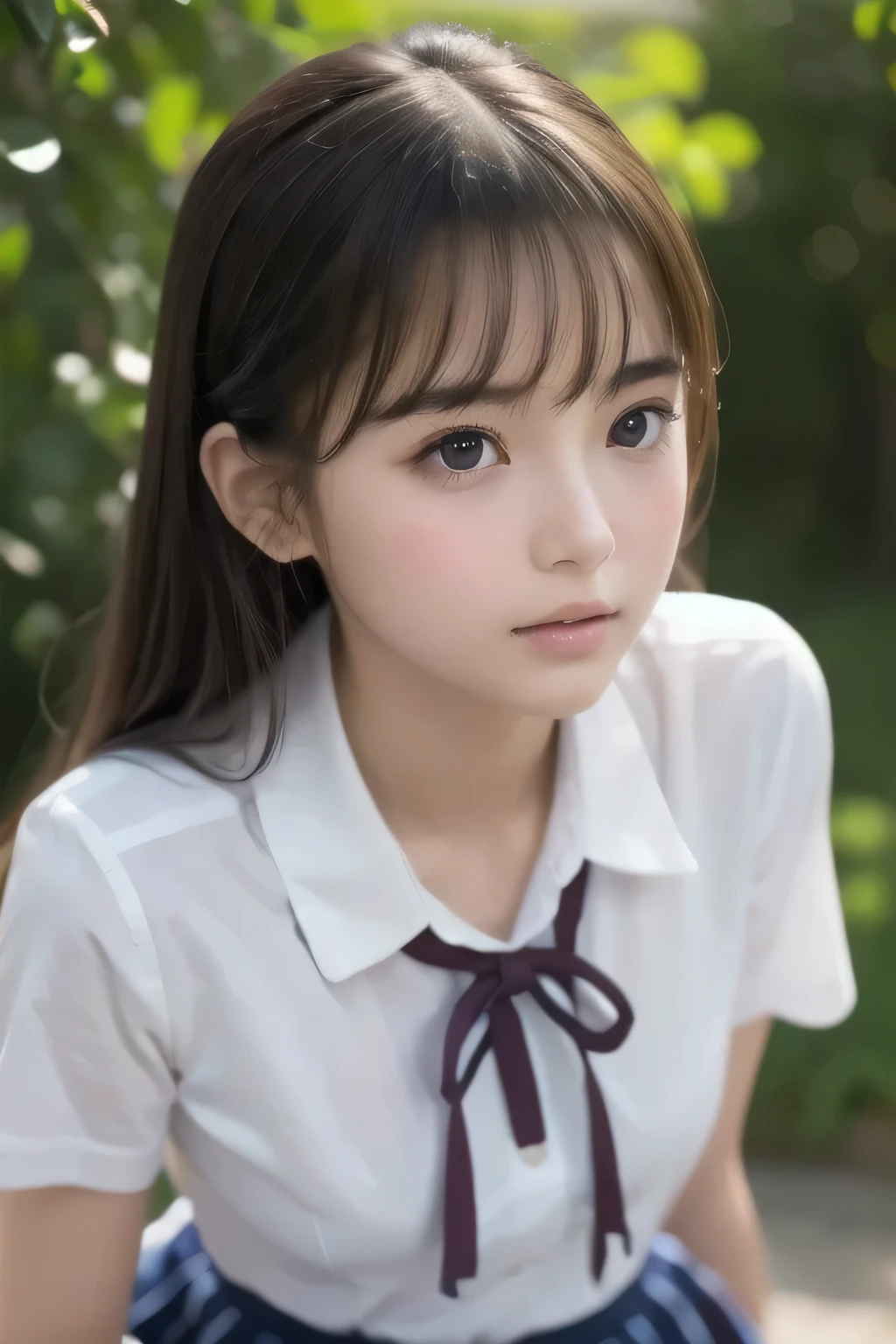 (Best Picture Quality,8K Quality,Masterpiece:1.3,),(Super A Quality,Photorealistic:1.4,Raw Photo),(Asahi:1.3),(Masterpiece:1.2),(Realistic:1.2),(Raw Photo),(Detail:1. 2), Official Art, Unity 8K wallpaper, Super definition, aesthetic, masterpiece, top quality, outdoor, white exterior wall, natural light (bright sunlight), one girl, garden, ribbon in hair, dark hair, bangs, 13 years old, (13 years old), cute face, angry face, (dissatisfied, pout), glossy cheeks, (light on cheeks), simple white dress, (long sleeves, collar), neat