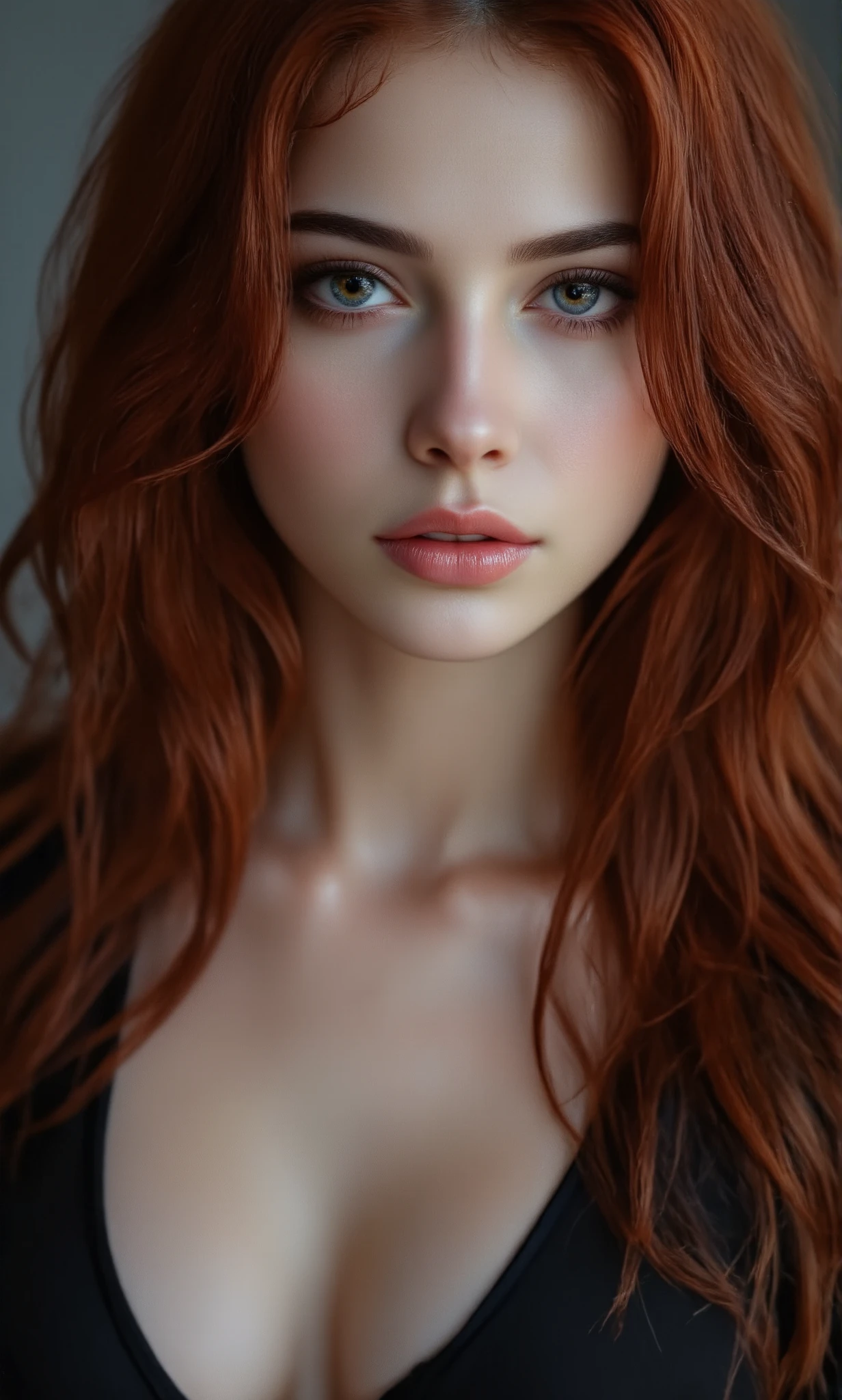 This is a, hyper-realistic photography with an impressive woman with dark hair, gothic aesthetics. She has a lot of time, wavy red hair that cascades down her back and shoulders , and her skin has a smooth texture , Porcelain Skin . Her facial features are sharp and defined , with prominent cheekbones , A pointy chin, and a strong jaw .