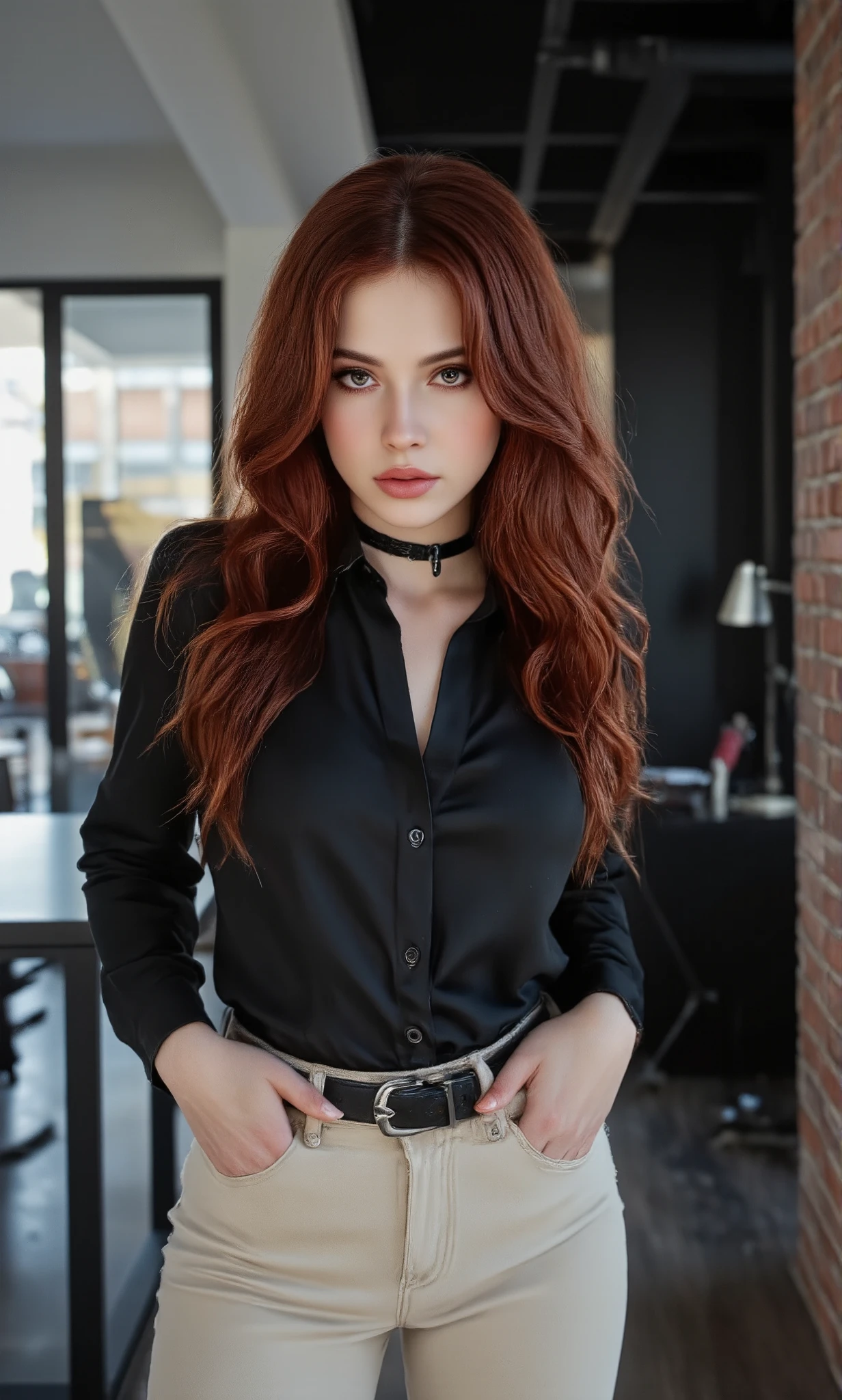 This is a, hyper-realistic photography with an impressive woman with dark hair, gothic aesthetics. She has a lot of time, wavy red hair that cascades down her back and shoulders , and her skin has a smooth texture , Porcelain Skin . Her facial features are sharp and defined , with prominent cheekbones , A pointy chin, and a strong jaw .
wearing a black blouse, beige pants , black sneakers
Are you at a marketing agency, gray walls and a brick one, black tables, black ceiling
Is she standing, leaning against the wall , with your back to the wall