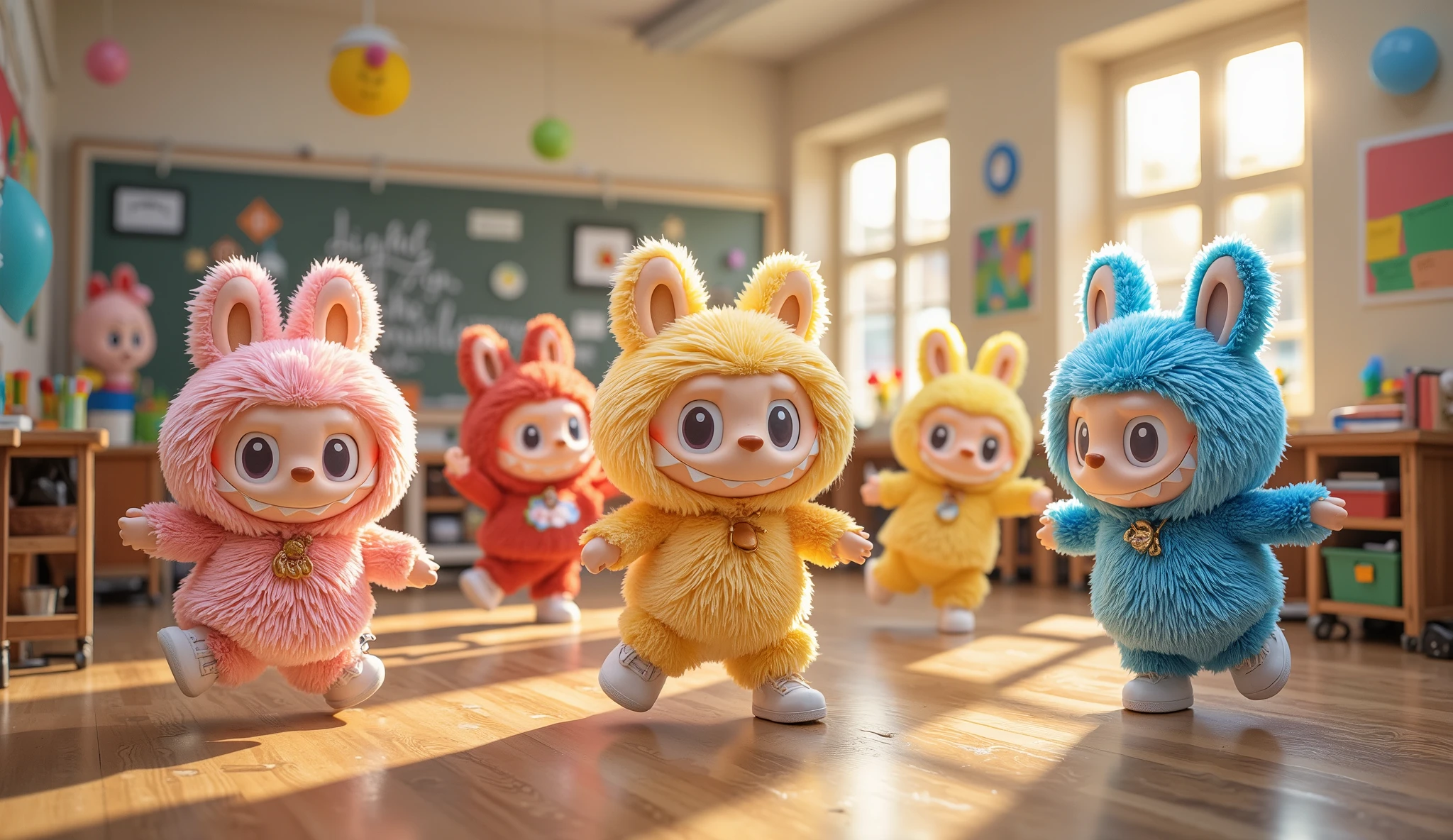 Labubu Pink, Red, Yellow, and Blue are dancing joyfully in the middle of the empty classroom, their fluffy fur bouncing with each graceful movement. They move in perfect sync, twirling, stepping, and clapping to an imaginary rhythm, their cheerful expressions radiating pure excitement. The wooden floor reflects their lively steps, while the colorful posters on the walls add to the vibrant atmosphere. Sunlight streams through the windows, casting a warm glow over the scene, making their energetic performance feel even more magical in the quiet yet lively classroom.