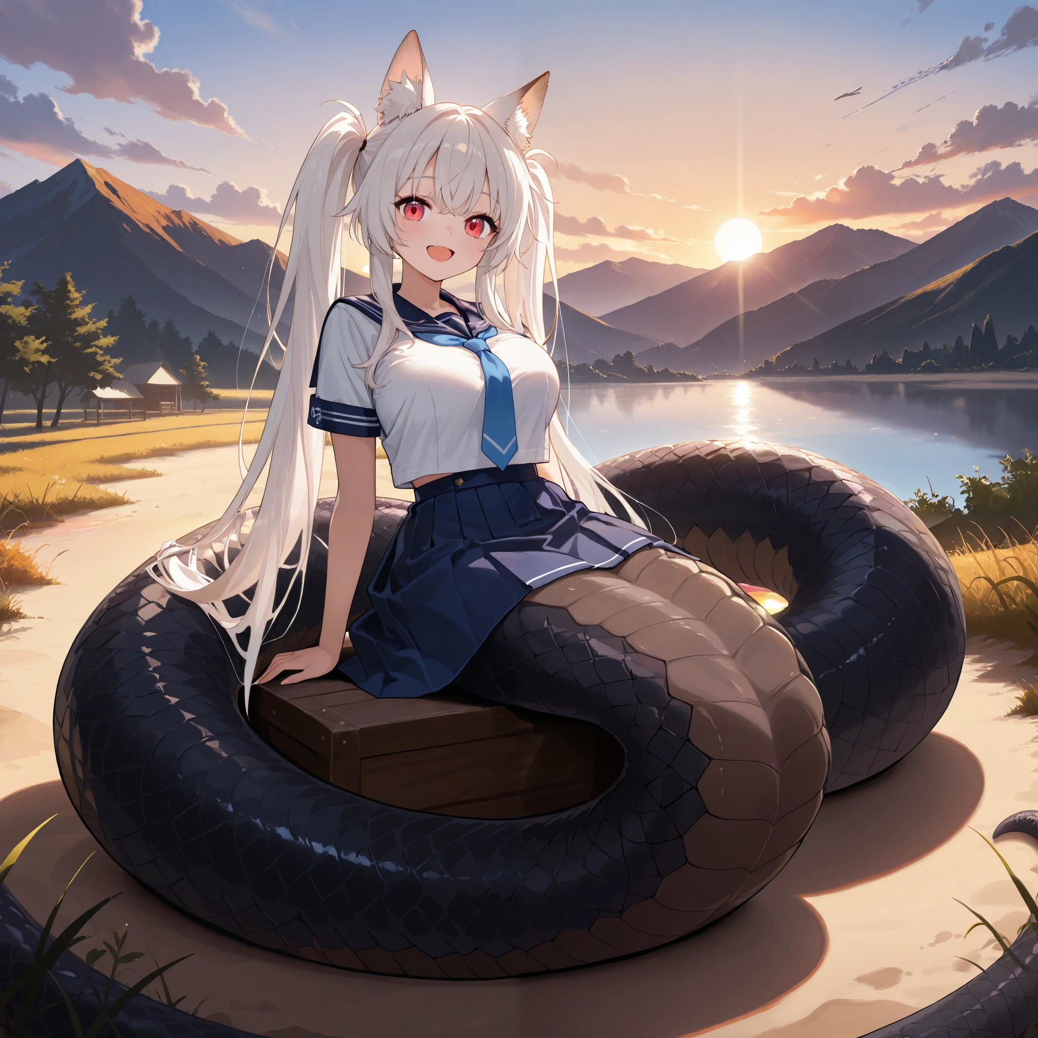 score_9, score_8_up, score_7_up, 1girl, white hair, (long pigtails:1.2), large breasts, sailor uniform, blue skirt, blue tie, lamia, black scales, relaxed tail, red eyes, mountain, full body, sitting, sunset, happy, (not looking at user:1.2), fox ears, PonyScores, (thick and long tail:1.1), (looking at sunset)