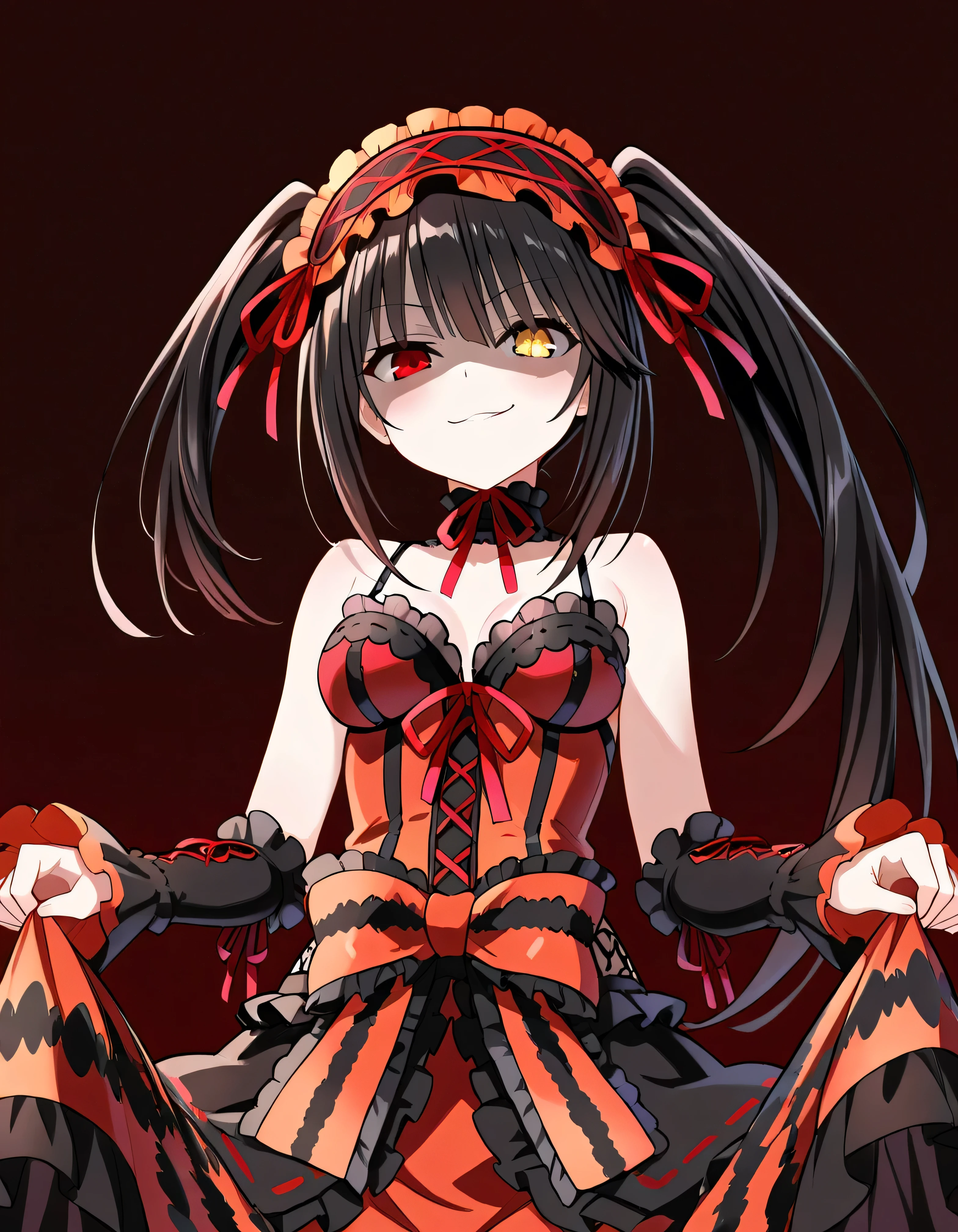 Tokisaki Kurumi,   is ridiculous,  1 girl in the best,  raise your arms, black  dress ,  black hair, bow, chest, Clock Eye,  cowboy shooting,  detachable sleeves ,  dress ,  dress  bow,  Hair Band ,  heterochromia ,  long hair,   long sleeve ,  stare at the viewer, medium chest,  multicolored clothes , multicolored  dress ,  while tasting, red  dress ,  red eyes, red ribbon, ribbon,  Side Lock,  simple background, smile, Alone,  Symbolic student ,  Twin Tails,  yellow eyes ,,Shaded face(eyes in Shadow),very evil smirk,from below,looking down at viewer,,looking at viewer,

