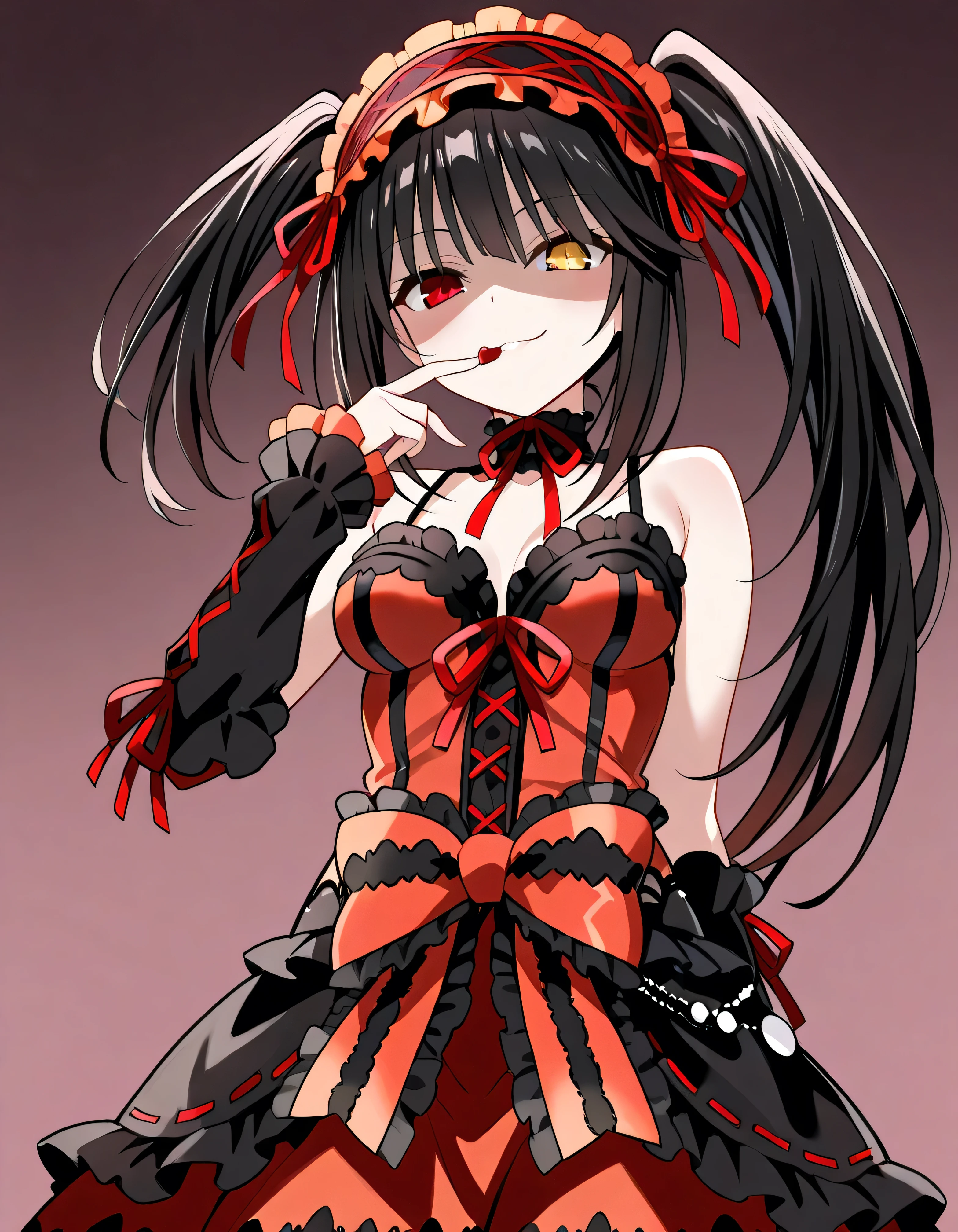 Tokisaki Kurumi,   is ridiculous,  1 girl in the best,  raise your arms, black  dress ,  black hair, bow, chest, Clock Eye,  cowboy shooting,  detachable sleeves ,  dress ,  dress  bow,  Hair Band ,  heterochromia ,  long hair,   long sleeve ,  stare at the viewer, medium chest,  multicolored clothes , multicolored  dress ,  while tasting, red  dress ,  red eyes, red ribbon, ribbon,  Side Lock,  simple background, smile, Alone,  Symbolic student ,  Twin Tails,  yellow eyes ,,Shaded face(eyes in Shadow),very evil smirk,from below,looking down at viewer,,looking at viewer,

