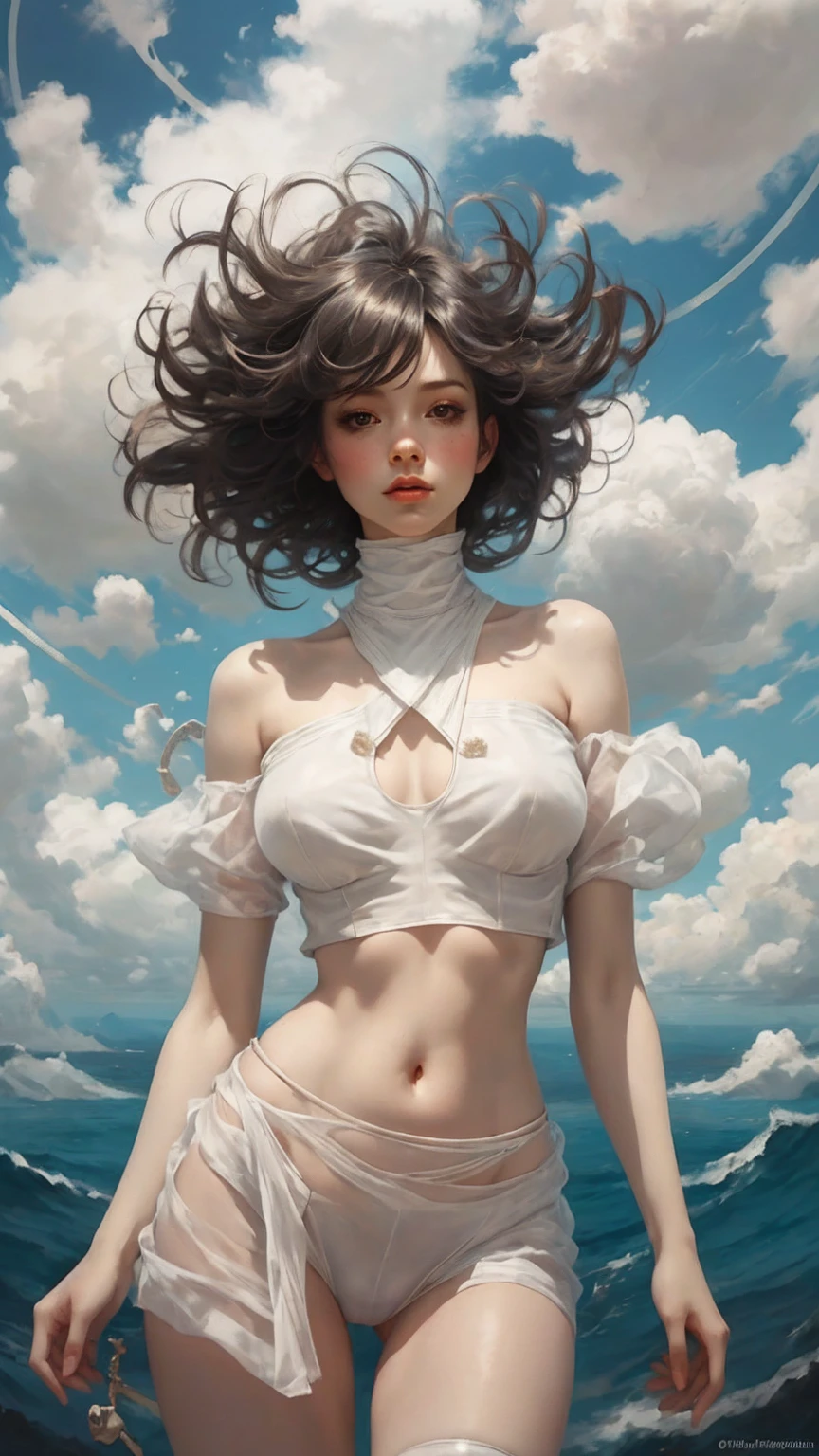 masterpiece, best quality, Steel, 1 girl, floating in the sky, cloud girl, cloud, (enlargement:1.1), bright, happy, pleasure, soft light, (Bauhaus, shape, wire, abstract:1.1)，off the shoulder，strapless，Tight and sexy see-through crop top，Perfect ，My heart is pounding，The lower part of the chest is completely exposed.，belly button sign，white t-back，camel toe protrusion，Showing thighs