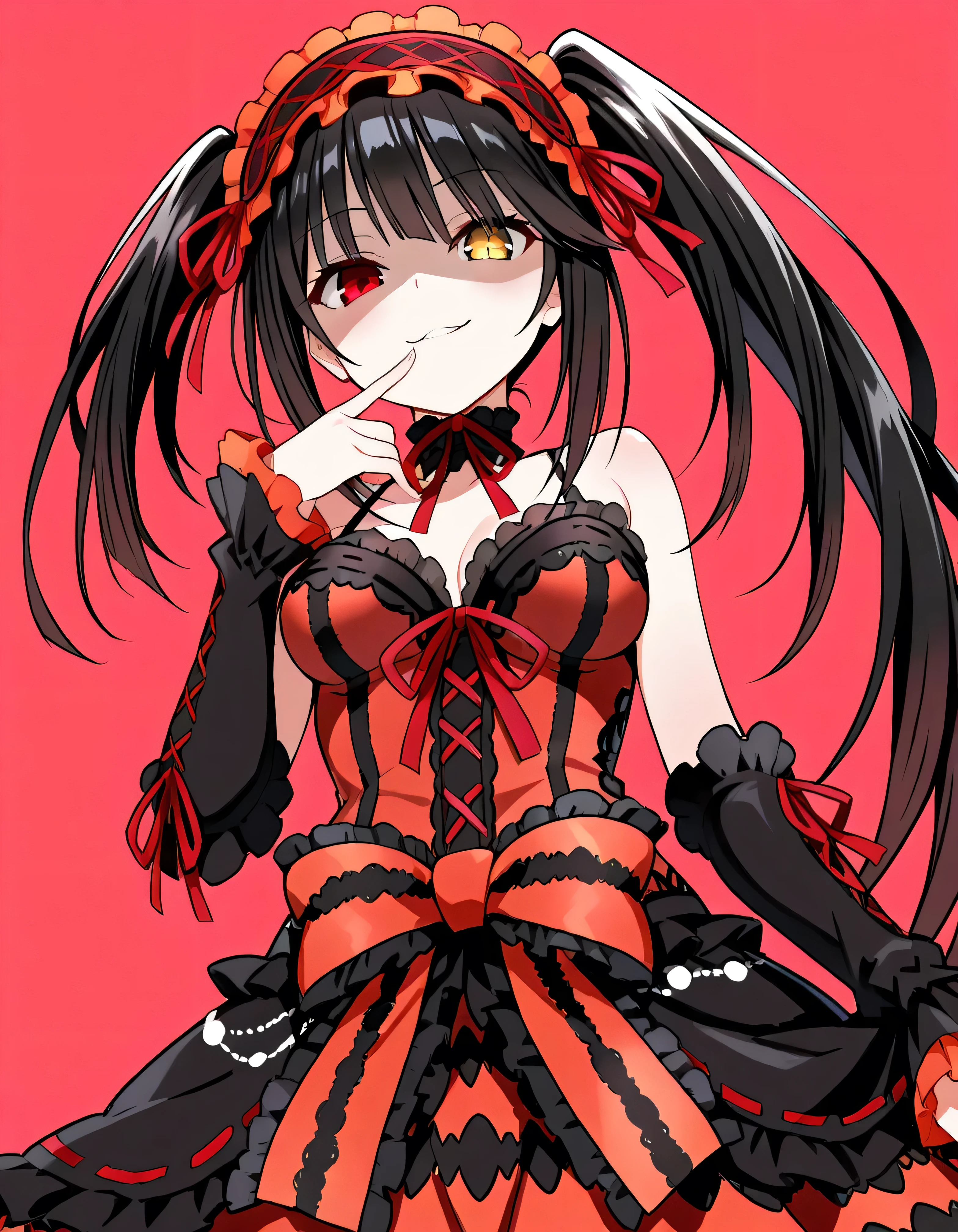 Tokisaki Kurumi,   is ridiculous,  1 girl in the best,  raise your arms, black  dress ,  black hair, bow, chest, Clock Eye,  cowboy shooting,  detachable sleeves ,  dress ,  dress  bow,  Hair Band ,  heterochromia ,  long hair,   long sleeve ,  stare at the viewer, medium chest,  multicolored clothes , multicolored  dress ,  while tasting, red  dress ,  red eyes, red ribbon, ribbon,  Side Lock,  simple background, smile, Alone,  Symbolic student ,  Twin Tails,  yellow eyes ,,Shaded face(eyes in Shadow),very evil smirk,from below,looking down at viewer,,looking at viewer,

