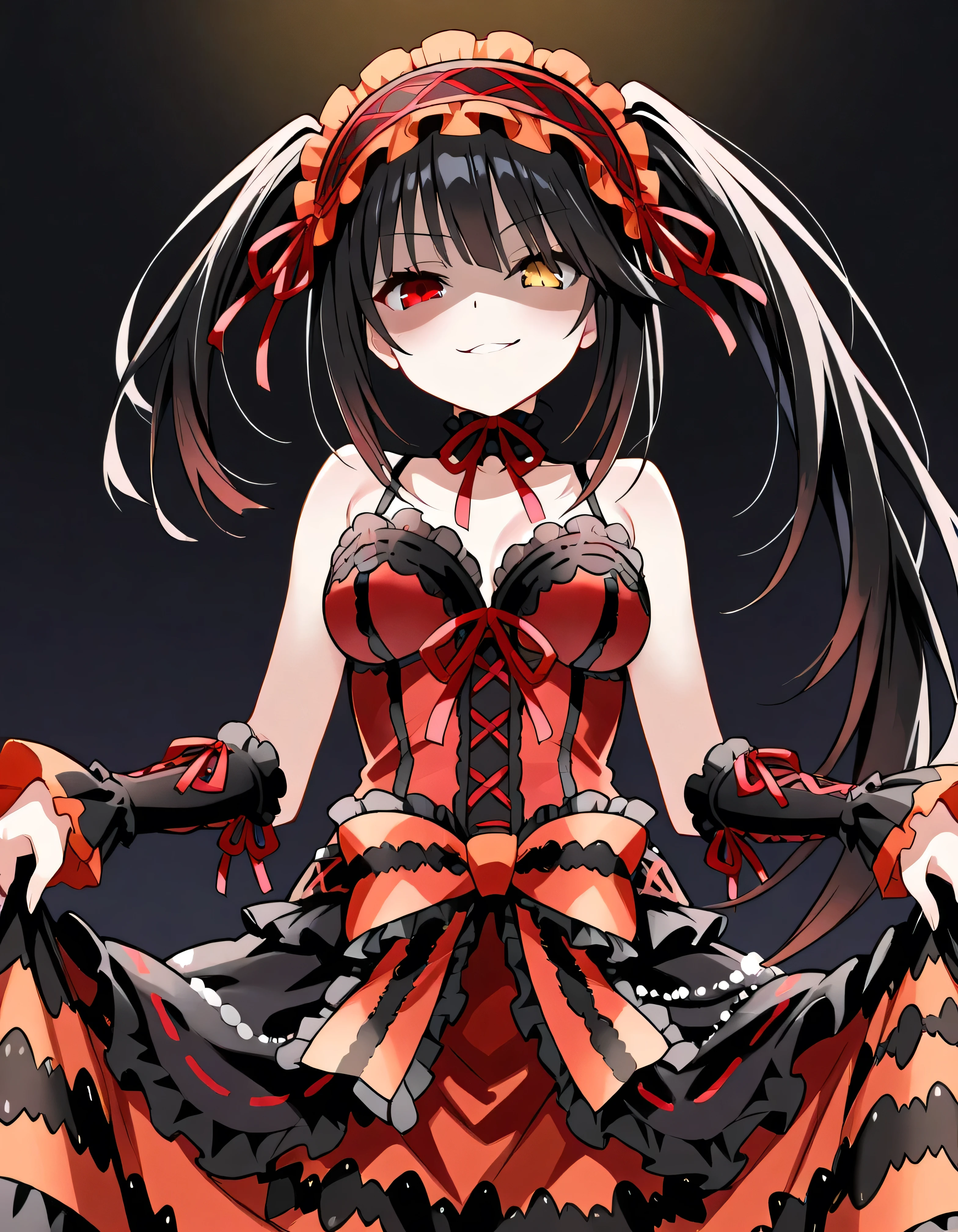 Tokisaki Kurumi,   is ridiculous,  1 girl in the best,  raise your arms, black  dress ,  black hair, bow, chest, Clock Eye,  cowboy shooting,  detachable sleeves ,  dress ,  dress  bow,  Hair Band ,  heterochromia ,  long hair,   long sleeve ,  stare at the viewer, medium chest,  multicolored clothes , multicolored  dress ,  while tasting, red  dress ,  red eyes, red ribbon, ribbon,  Side Lock,  simple background, smile, Alone,  Symbolic student ,  Twin Tails,  yellow eyes ,,Shaded face(eyes in Shadow),very evil smirk,from below,looking down at viewer,,looking at viewer,


