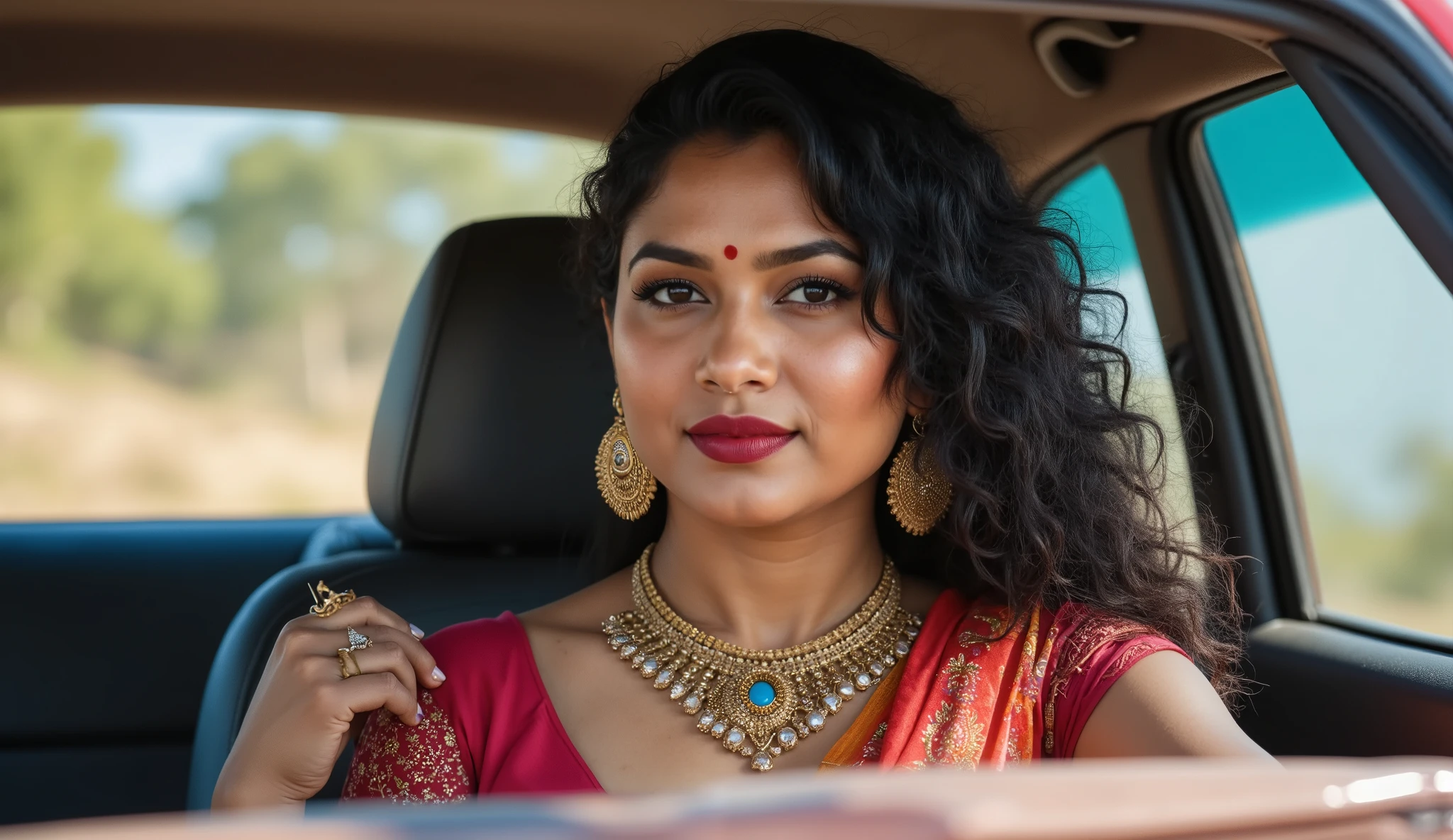Indian 30 years old I'll bloody woman, curvy figure, beautiful round face, curly black long hair,red lips, wearing saree, driving car, 