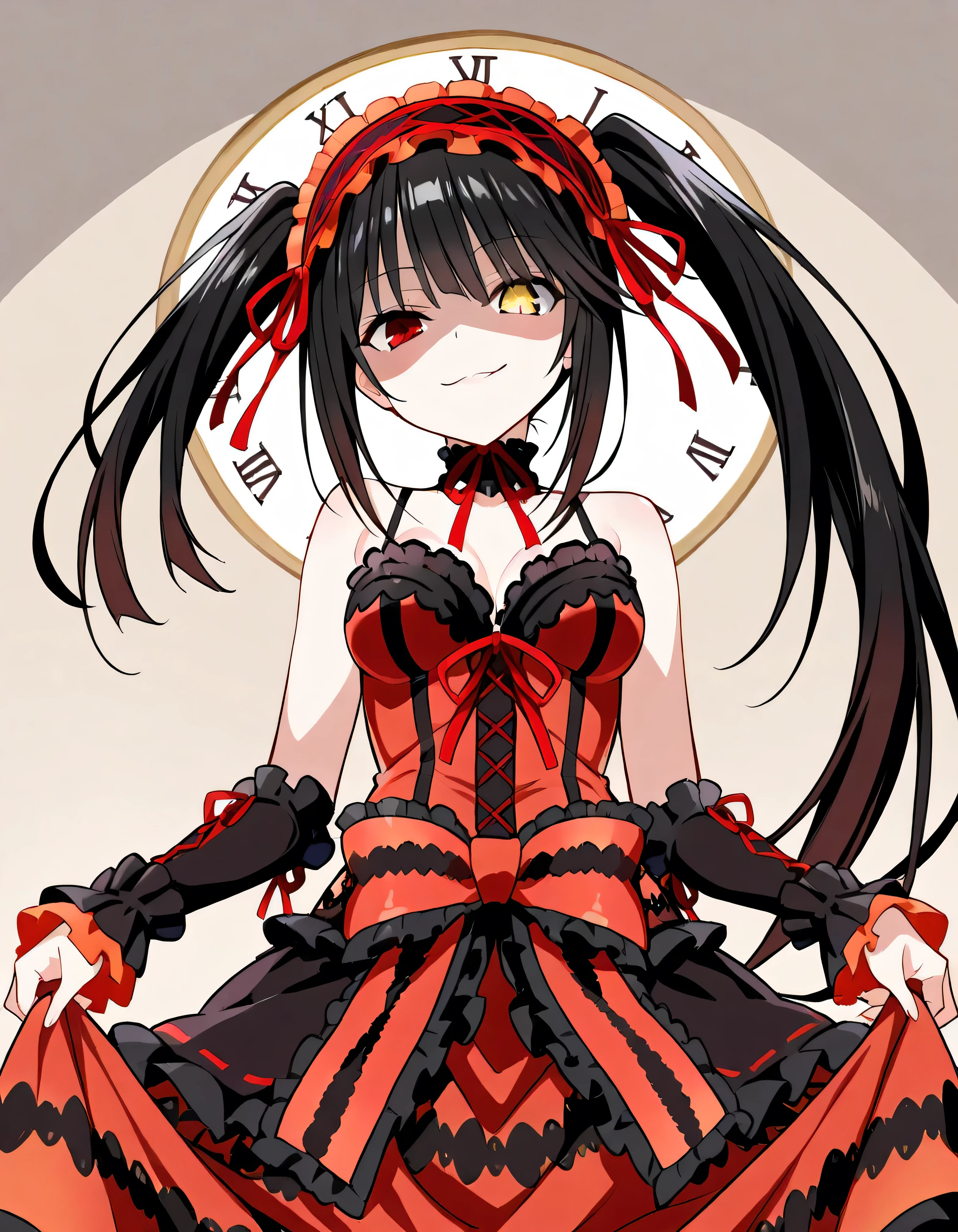Tokisaki Kurumi, is ridiculous, 1 girl in the best, raise your arms, black dress , black hair, bow, chest, Clock Eye, cowboy shooting, detachable sleeves , dress , dress bow, Hair Band , heterochromia , long hair, long sleeve , stare at the viewer, medium chest, multicolored clothes , multicolored dress , while tasting, red dress , red eyes, red ribbon, ribbon, Side Lock, simple background, smile, Alone, Symbolic student , Twin Tails, yellow eyes ,,Shaded face(eyes in Shadow),very evil smirk,from below,looking down at viewer,,looking at viewer,