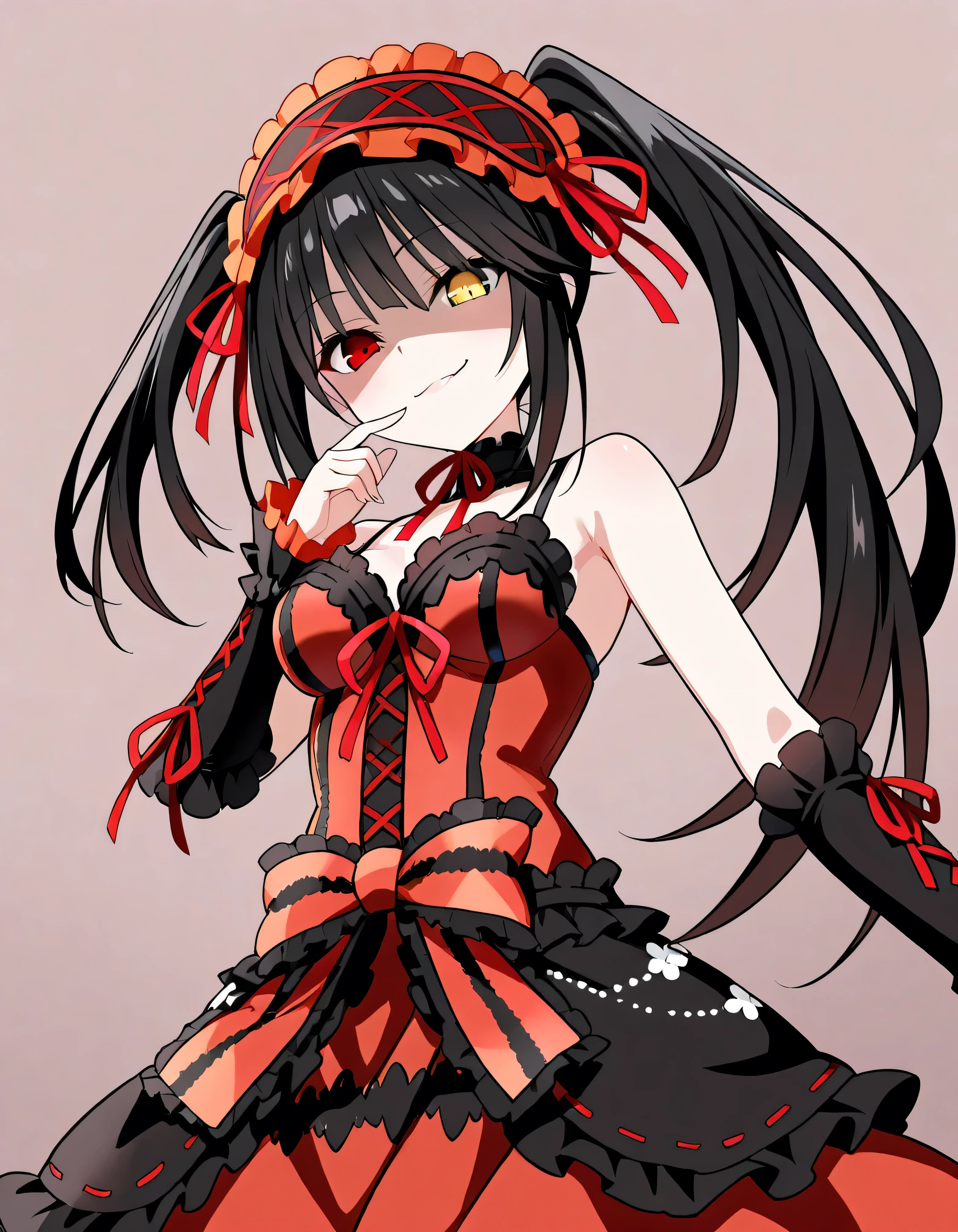 Tokisaki Kurumi, is ridiculous, 1 girl in the best, raise your arms, black dress , black hair, bow, chest, Clock Eye, cowboy shooting, detachable sleeves , dress , dress bow, Hair Band , heterochromia , long hair, long sleeve , stare at the viewer, medium chest, multicolored clothes , multicolored dress , while tasting, red dress , red eyes, red ribbon, ribbon, Side Lock, simple background, smile, Alone, Symbolic student , Twin Tails, yellow eyes ,,Shaded face(eyes in Shadow),very evil smirk,from below,looking down at viewer,,looking at viewer,