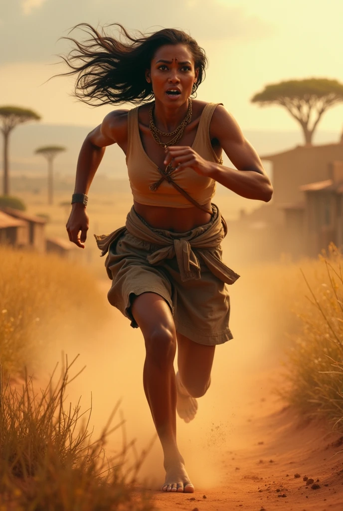 (masterpiece),(best quality:1.2),official art,(extremely detailed CG unity 8k wallpaper),(photorealistic:1.4),ultra high res, 1 girl,(,ebony glossy skin:1.5),in deep panic,(running),wavy black hair,(Red feathers combining with her hair),barefoot,tank top,long hair,midriff,navel,blue shorts, after the ,a gigiant (dinosaur) chasing behind,:1.4),Dark brown pleated epidermis, outdoors,low key,(gloom theme),