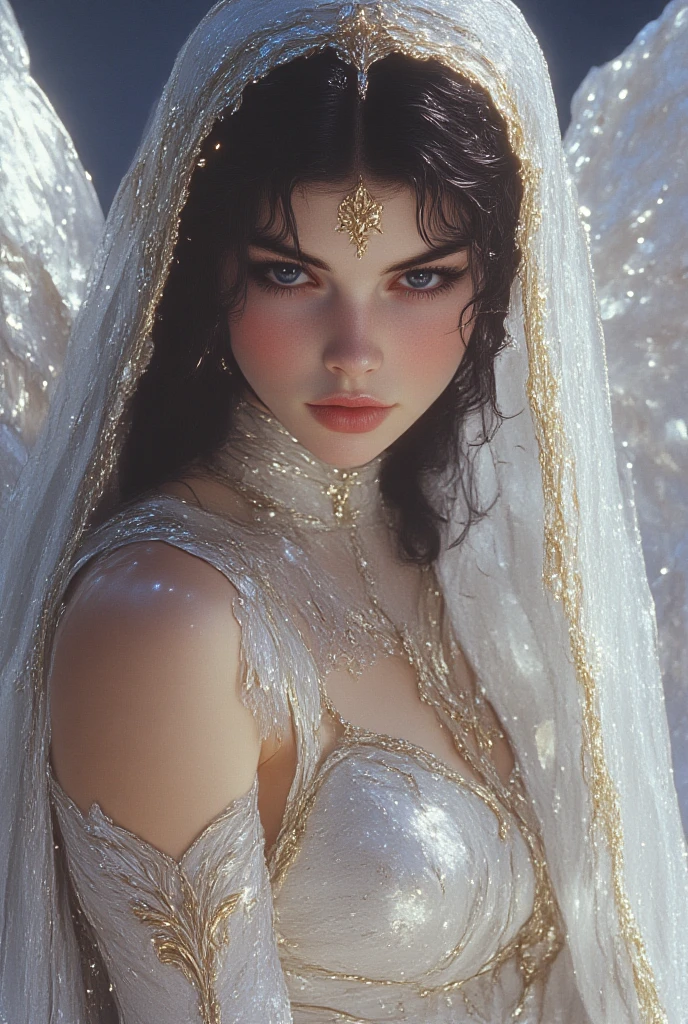 (Cinematic Photo:1.3) A photo a woman beauty in dress glass,Intricate Surface Detail, Crystal Core, Bejeweled, ethereal dress a close up, Ethereal Fantasy, Realistic, Fiction, Full-HD