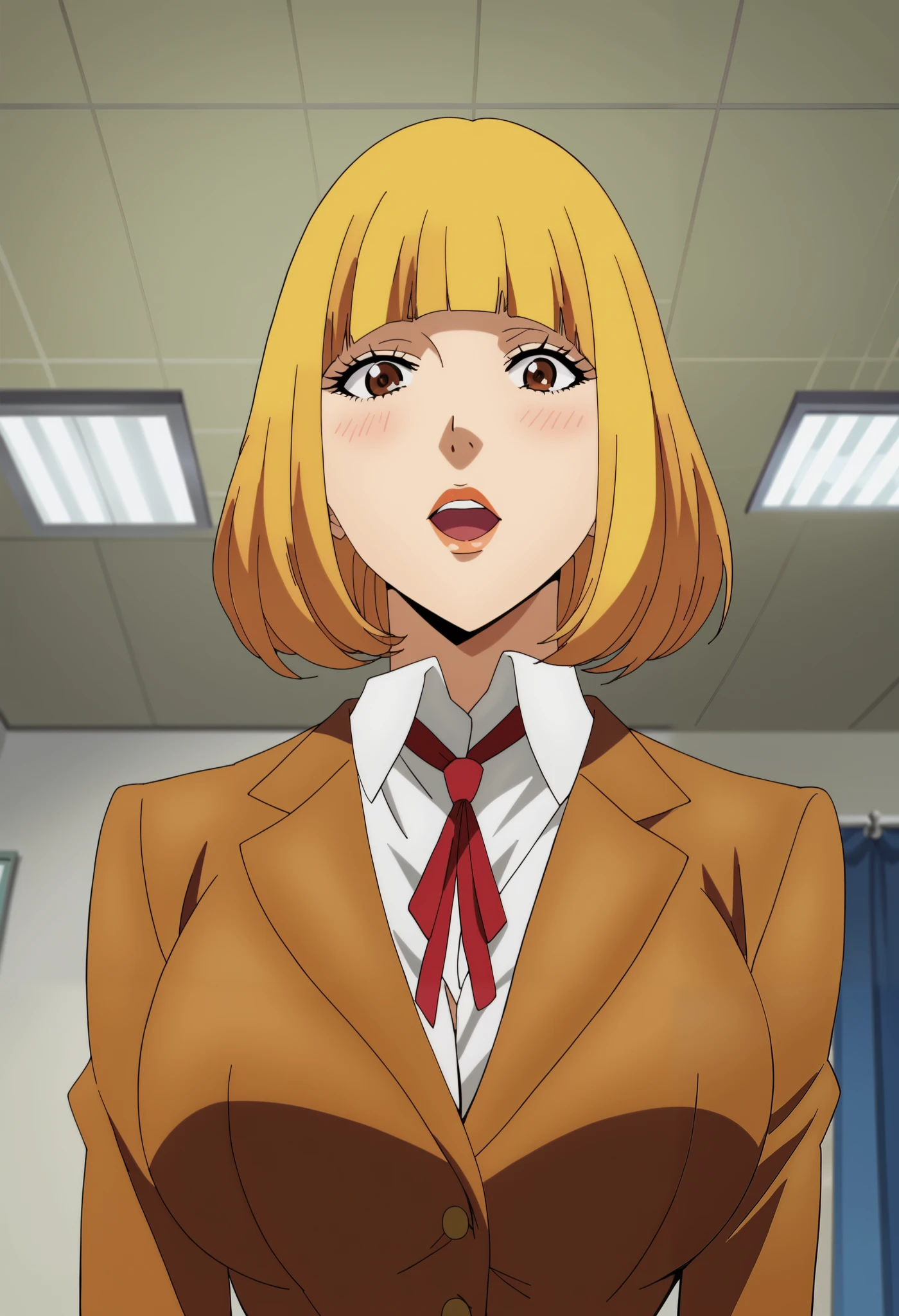 score_9, score_8_up, score_7_up, score_6_up, score_5_up, score_4_up, masterpiece, best quality, very aesthetic, absurdres, source_anime, anime screencap, 1990s \(style\), BREAK (1girl), hana midorikawa, brown eyes, blonde hair, bang, blunt bangs, school uniform, (ultra huge breasts, ultra huge cleavage, ultra huge tits, ultra huge boob), indoors, ultra realistic interior of school’s nurse office room, ultra realistic interior of health room in school room, standing, close up angle, zoom up angle,