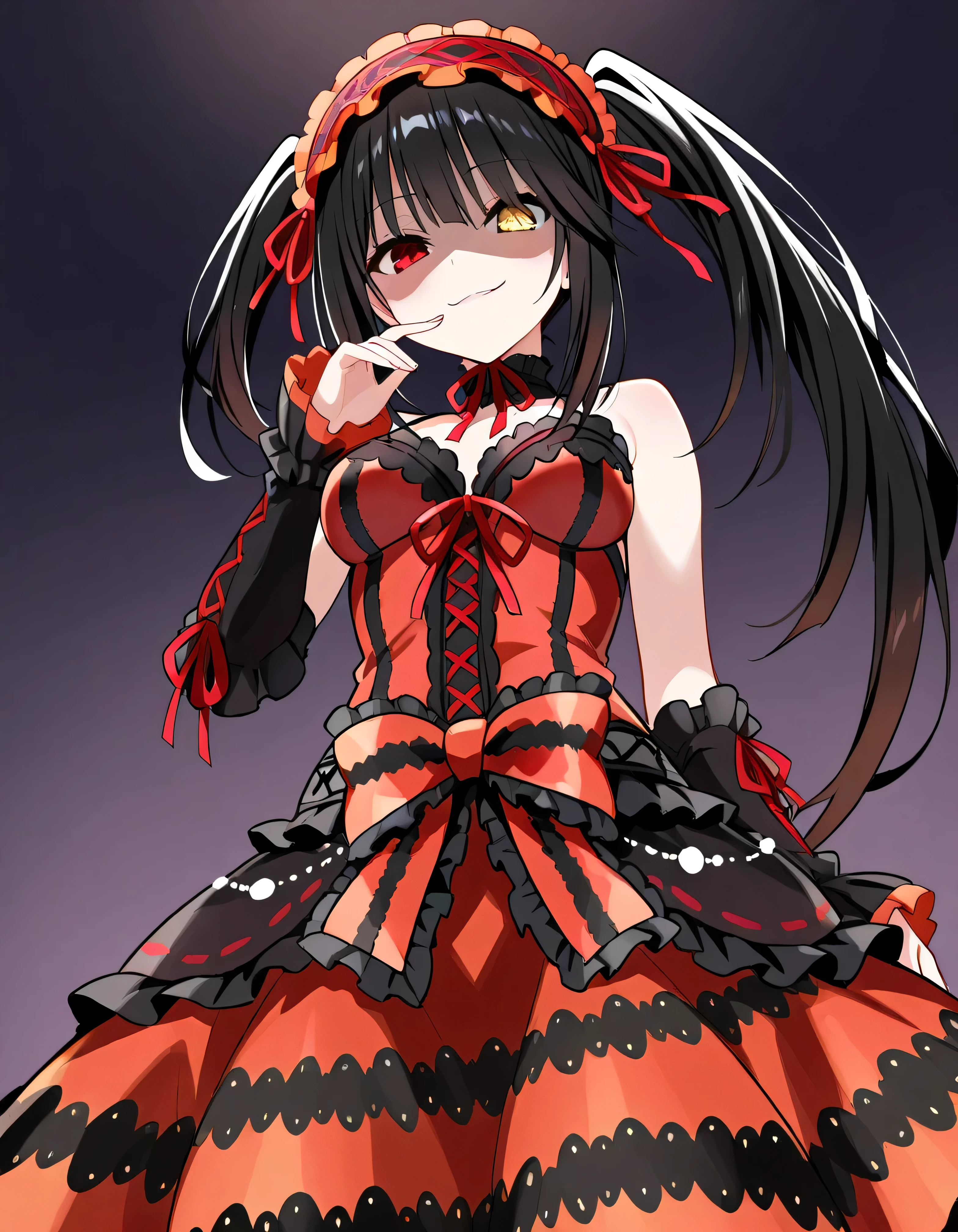 Tokisaki Kurumi,   is ridiculous,  1 girl in the best,  raise your arms, black  dress ,  black hair, bow, chest, Clock Eye,  cowboy shooting,  detachable sleeves ,  dress ,  dress  bow,  Hair Band ,  heterochromia ,  long hair,   long sleeve ,  stare at the viewer, medium chest,  multicolored clothes , multicolored  dress ,  while tasting, red  dress ,  red eyes, red ribbon, ribbon,  Side Lock,  simple background, smile, Alone,  Symbolic student ,  Twin Tails,  yellow eyes ,,Shaded face(eyes in Shadow),very evil smirk,from below,looking down at viewer,,looking at viewer,

