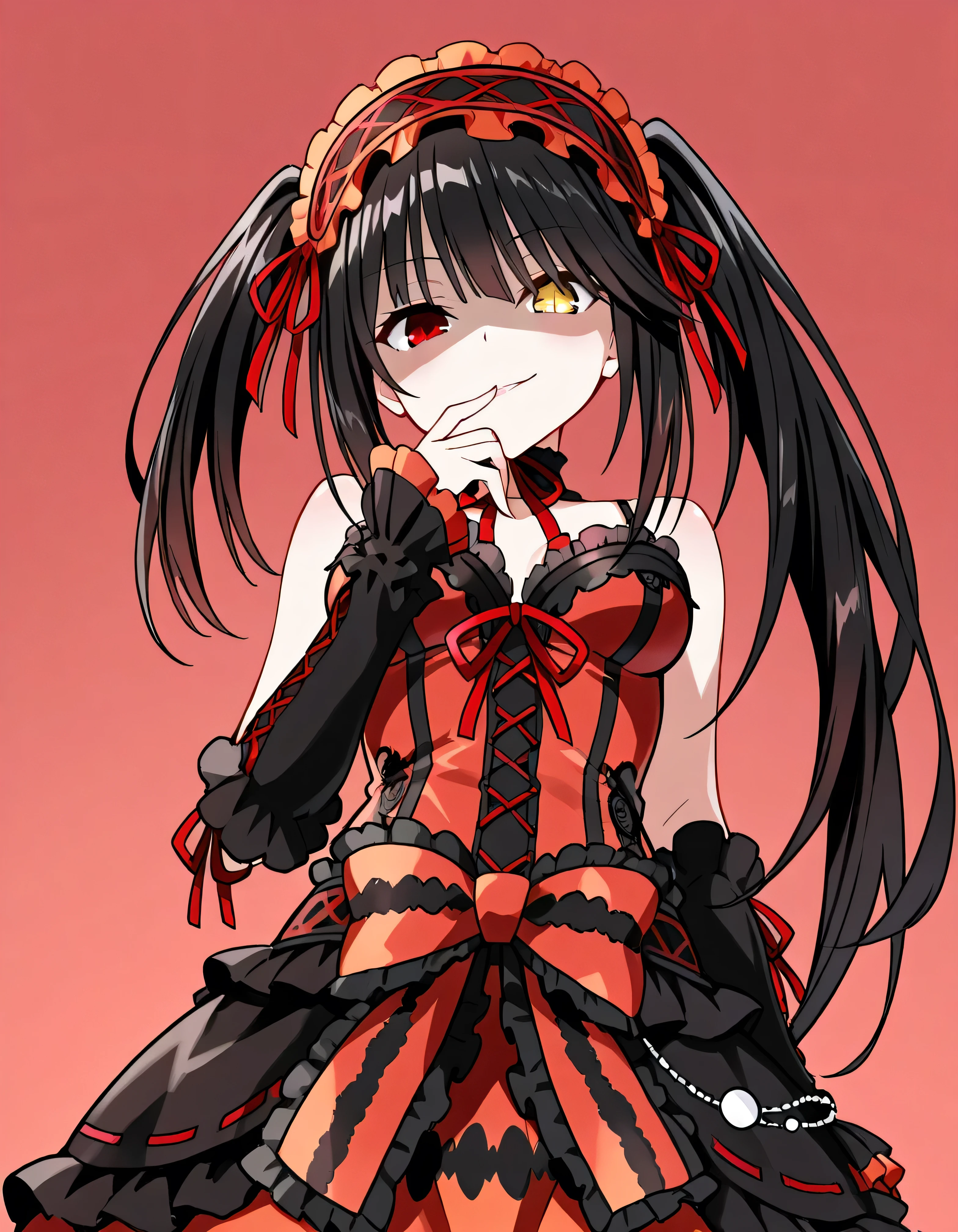 Tokisaki Kurumi, is ridiculous, 1 girl in the best, raise your arms, black dress , black hair, bow, chest, Clock Eye, cowboy shooting, detachable sleeves , dress , dress bow, Hair Band , heterochromia , long hair, long sleeve , stare at the viewer, medium chest, multicolored clothes , multicolored dress , while tasting, red dress , red eyes, red ribbon, ribbon, Side Lock, simple background, smile, Alone, Symbolic student , Twin Tails, yellow eyes ,,Shaded face(eyes in Shadow),very evil smirk,from below,looking down at viewer,,looking at viewer,