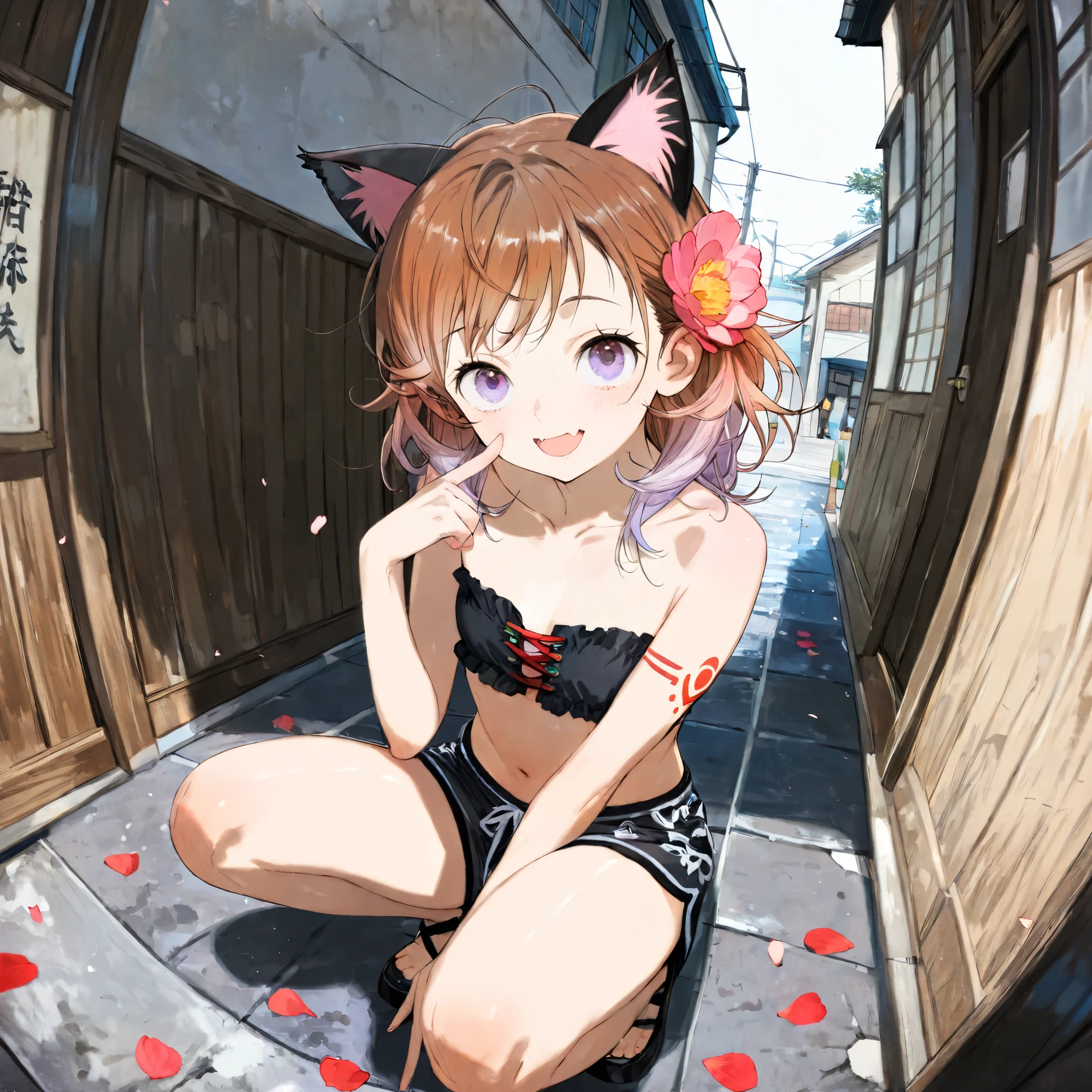 ((toi8 style)), ((Masterpiece)), ((best quality)), (8K), (fisheye), (detailed background:1.2), (super detail:1.2),(High Definition:1.3), (Professional Photography:1.2), (very aesthetic:1.2), (absurdres:1.2), (sharp focus), ((1girl)), ((cute young girl)), Textured skin, (full body), messy medium hair, Beautiful collarbone, (Healthy body), (Pale brown hair, loose swept bangs, gradient hair), naughty smile, open mouth, skin fangs, (pale purple eyes, gradient eyes, upturned eyes), (Cat ears), (Pale brown hair), Beautiful face, (small breast), BREAK, (((Embroidered Tribal black tubetop)), strapless, (bare arms), cute navel, (Tribal boxer shorts), (finger to cheek), crouching on the lonely street corner, ((outdoor, on the Beautiful flower fields, blooming ranunculus flowers)), petals, (fog effect),