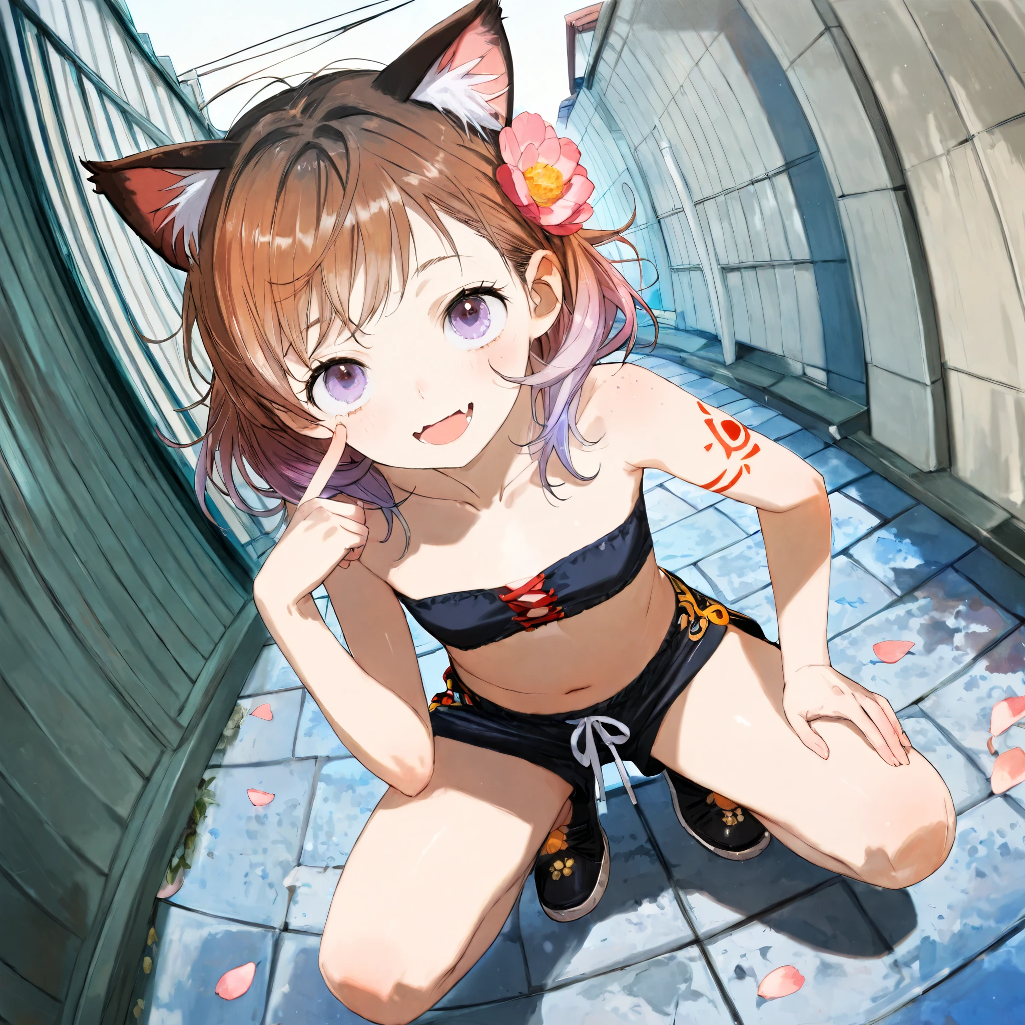 ((toi8 style)), ((Masterpiece)), ((best quality)), (8K), (fisheye), (detailed background:1.2), (super detail:1.2),(High Definition:1.3), (Professional Photography:1.2), (very aesthetic:1.2), (absurdres:1.2), (sharp focus), ((1girl)), ((cute young girl)), Textured skin, (full body), messy medium hair, Beautiful collarbone, (Healthy body), (Pale brown hair, loose swept bangs, gradient hair), naughty smile, open mouth, skin fangs, (pale purple eyes, gradient eyes, upturned eyes), (Cat ears), (Pale brown hair), Beautiful face, (small breast), BREAK, (((Embroidered Tribal black tubetop)), strapless, (bare arms), cute navel, (Tribal boxer shorts), (finger to cheek), crouching on the lonely street corner, ((outdoor, on the Beautiful flower fields, blooming ranunculus flowers)), petals, (fog effect),