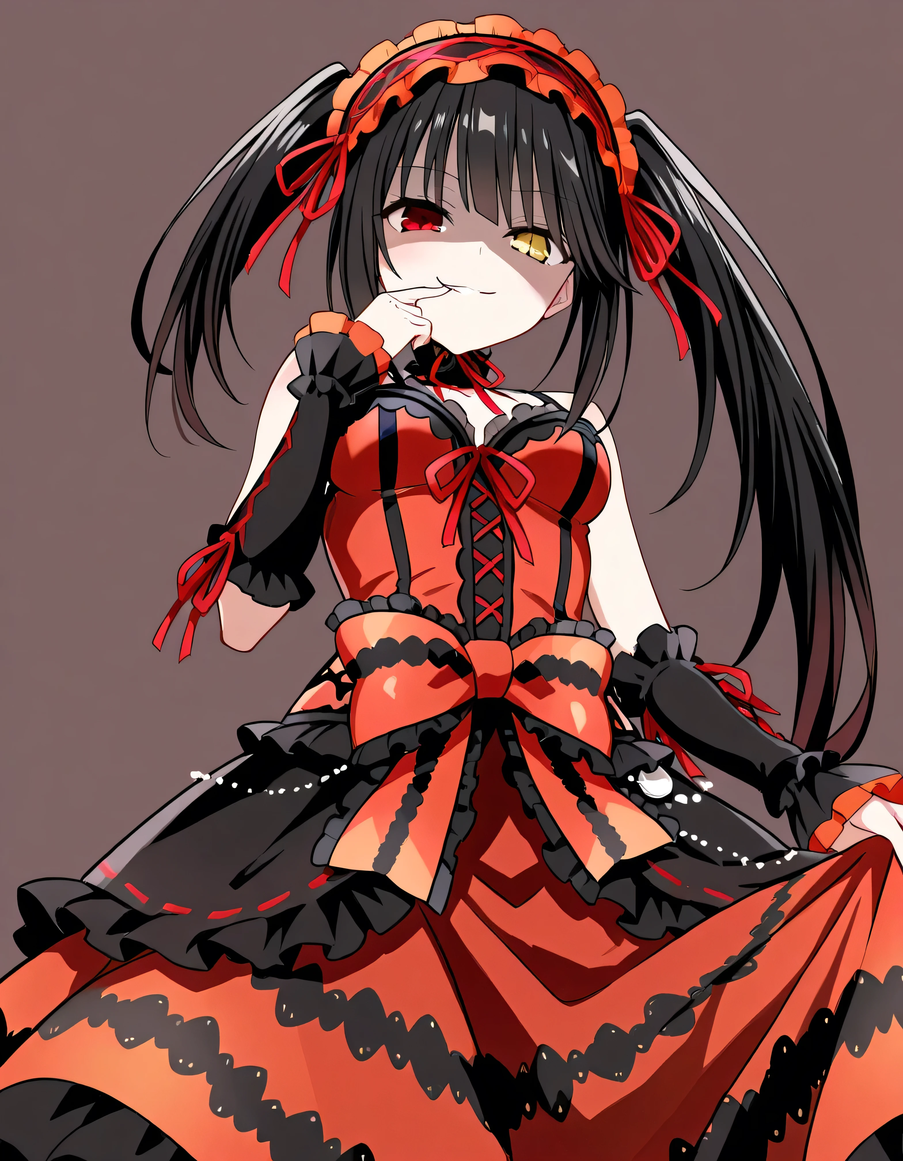 Tokisaki Kurumi, is ridiculous, 1 girl in the best, raise your arms, black dress , black hair, bow, chest, Clock Eye, cowboy shooting, detachable sleeves , dress , dress bow, Hair Band , heterochromia , long hair, long sleeve , stare at the viewer, medium chest, multicolored clothes , multicolored dress , while tasting, red dress , red eyes, red ribbon, ribbon, Side Lock, simple background, smile, Alone, Symbolic student , Twin Tails, yellow eyes ,,Shaded face(eyes in Shadow),very evil smirk,from below,looking down at viewer,,looking at viewer,