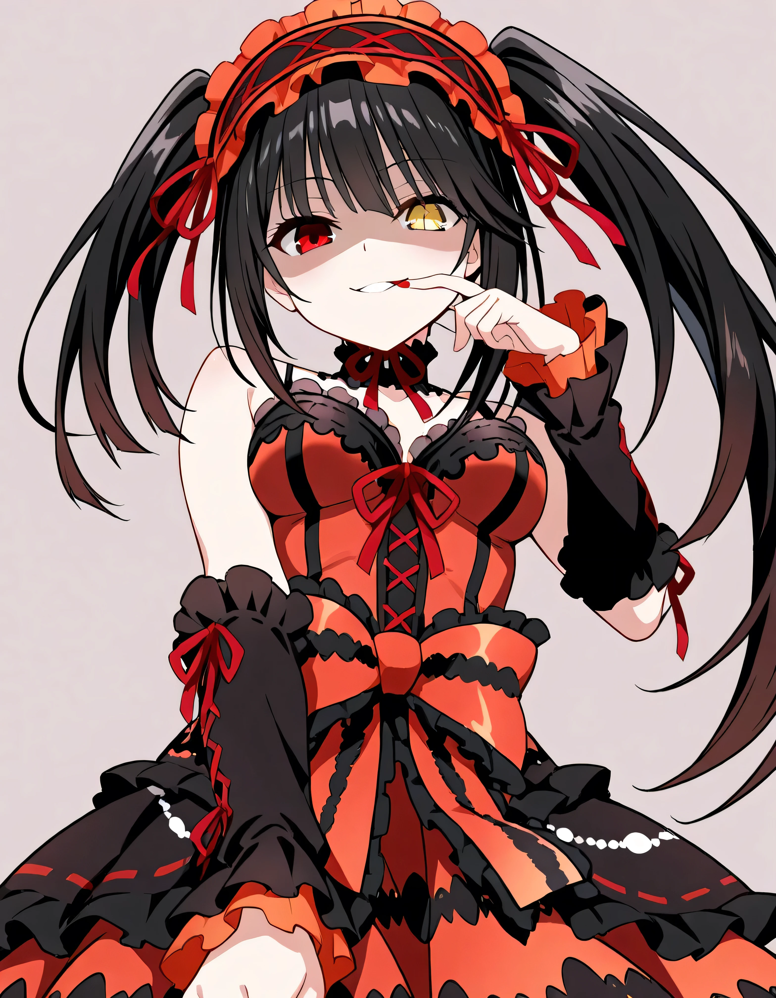 Tokisaki Kurumi, is ridiculous, 1 girl in the best, raise your arms, black dress , black hair, bow, chest, Clock Eye, cowboy shooting, detachable sleeves , dress , dress bow, Hair Band , heterochromia , long hair, long sleeve , stare at the viewer, medium chest, multicolored clothes , multicolored dress , while tasting, red dress , red eyes, red ribbon, ribbon, Side Lock, simple background, smile, Alone, Symbolic student , Twin Tails, yellow eyes ,,Shaded face(eyes in Shadow),very evil smirk,from below,looking down at viewer,,looking at viewer,