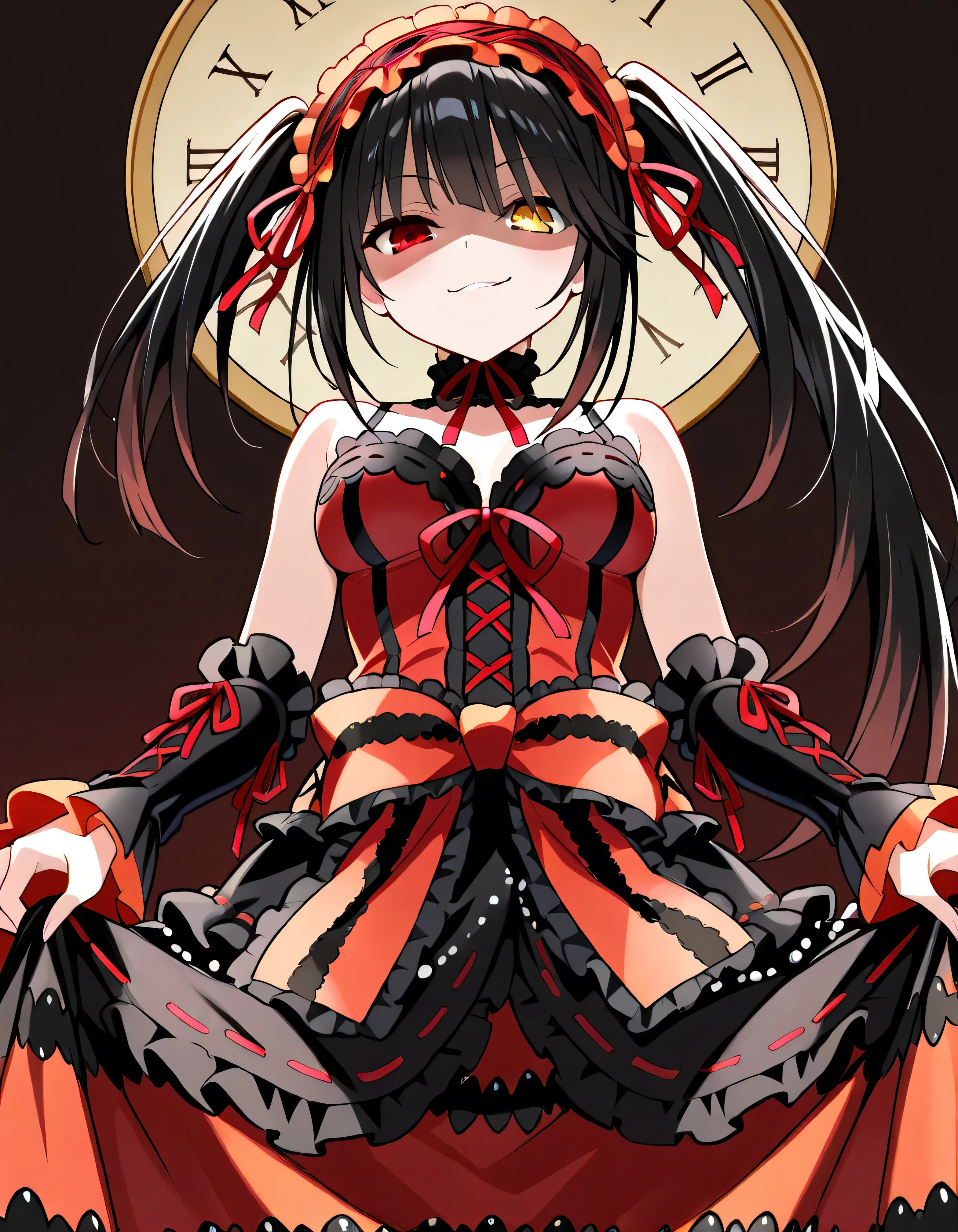 Tokisaki Kurumi, is ridiculous, 1 girl in the best, raise your arms, black dress , black hair, bow, chest, Clock Eye, cowboy shooting, detachable sleeves , dress , dress bow, Hair Band , heterochromia , long hair, long sleeve , stare at the viewer, medium chest, multicolored clothes , multicolored dress , while tasting, red dress , red eyes, red ribbon, ribbon, Side Lock, simple background, smile, Alone, Symbolic student , Twin Tails, yellow eyes ,,Shaded face(eyes in Shadow),very evil smirk,from below,looking down at viewer,,looking at viewer,