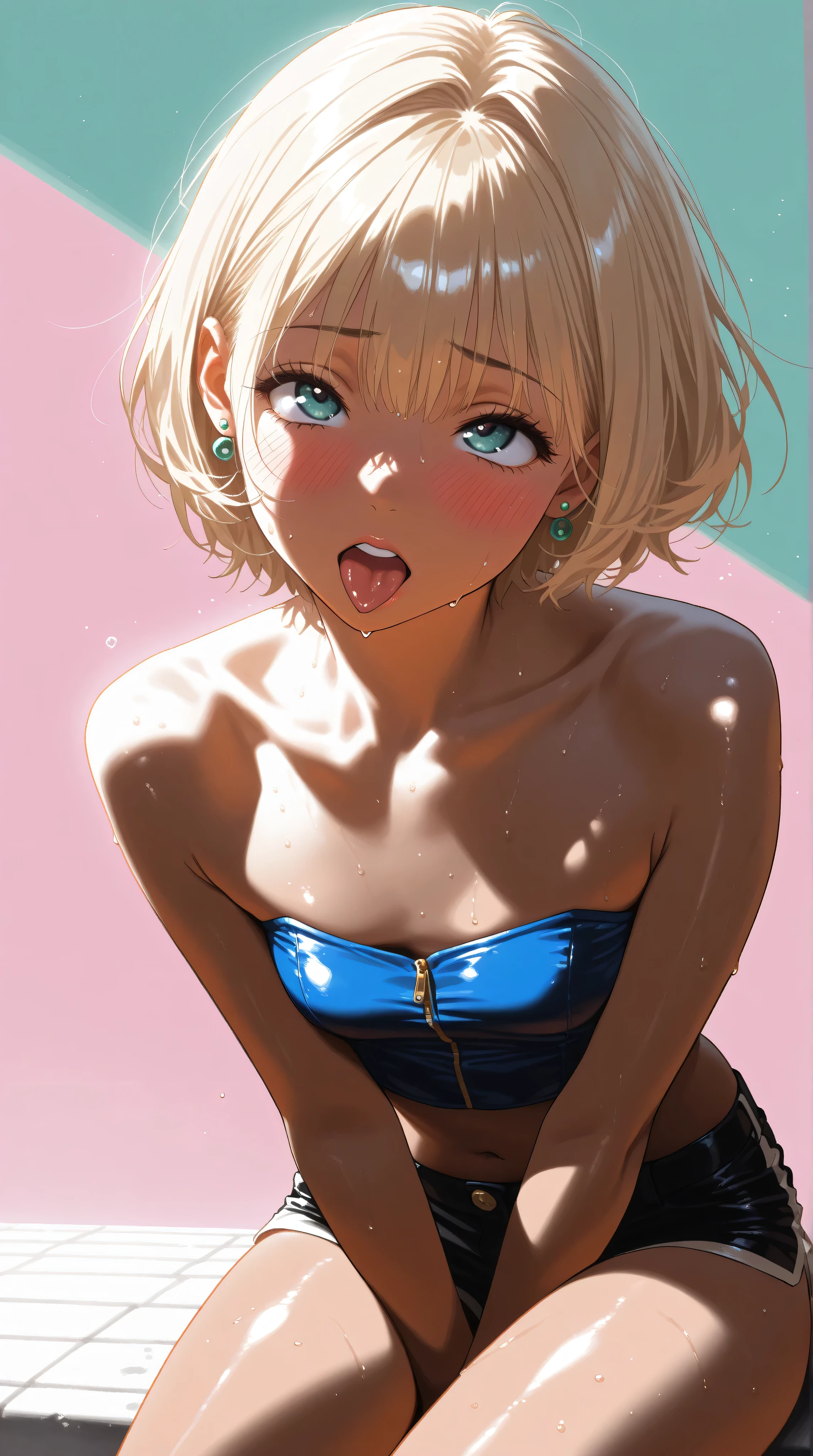 Wildlife, ((Best resolution)), ((high quality:1.2)), Work of art, 8k, extremely detailed, ((High detail:1.2)), (HotLexi woman), Solo, 24 year old Gyaru Japanese female, (mini-shorts, crop strapless), (beautiful perfect face:1.23), Kizi,(eyes looking off to side), Highly detailed, Amazing work,Vitreous luster, blues, yellows, Best quality at best,shiny skin, no background, colorful background, green background, pink background, gold, background, sexy pose, dynamic pose, heavy blushing, small breasts, ahegao, sweaty, heavy blushing, tongue out, sitting, legs spread,