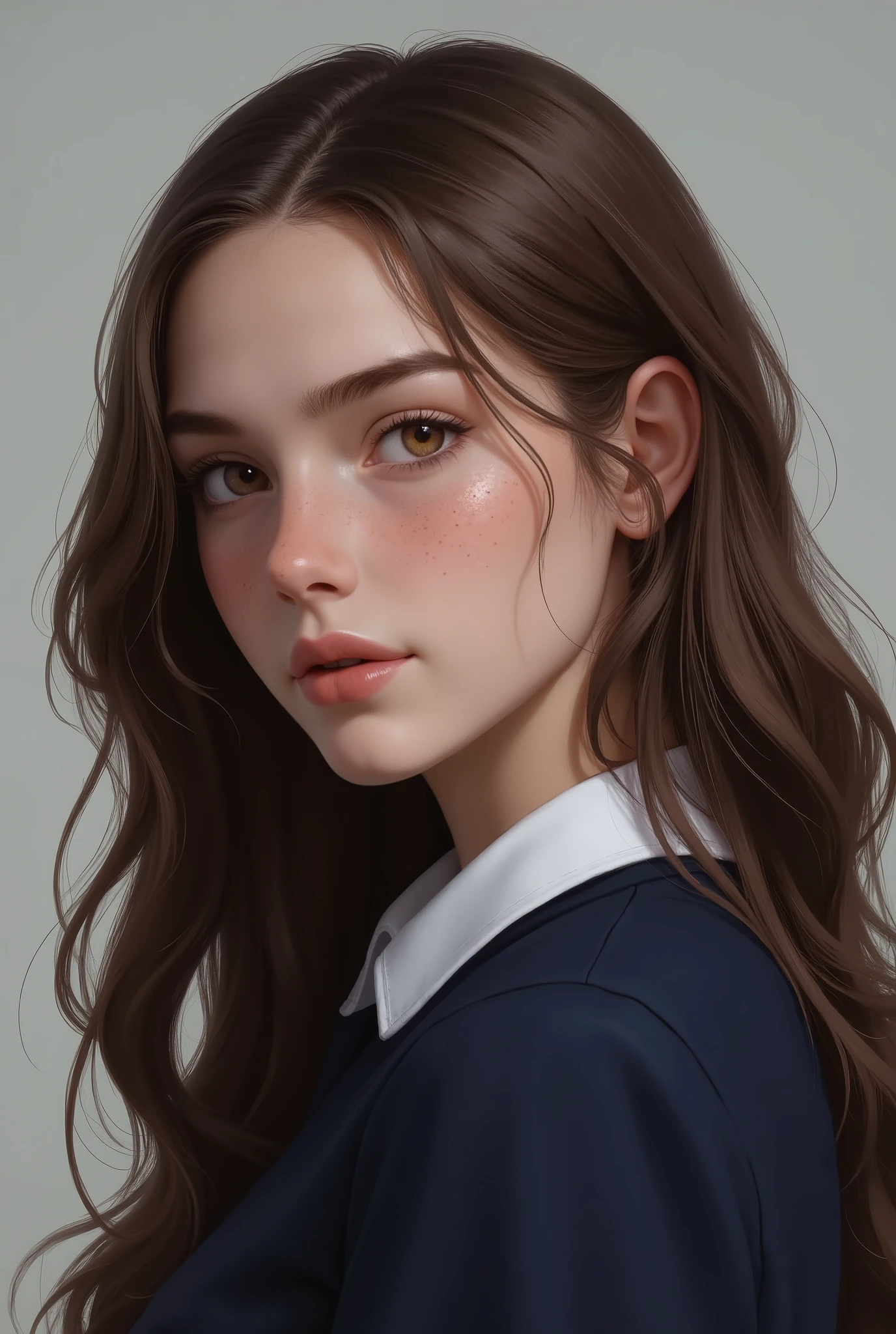 18 year old woman, fair skin, long curly brown hair, brown eyes, some freckles on her face, dressed in a navy blue school uniform.