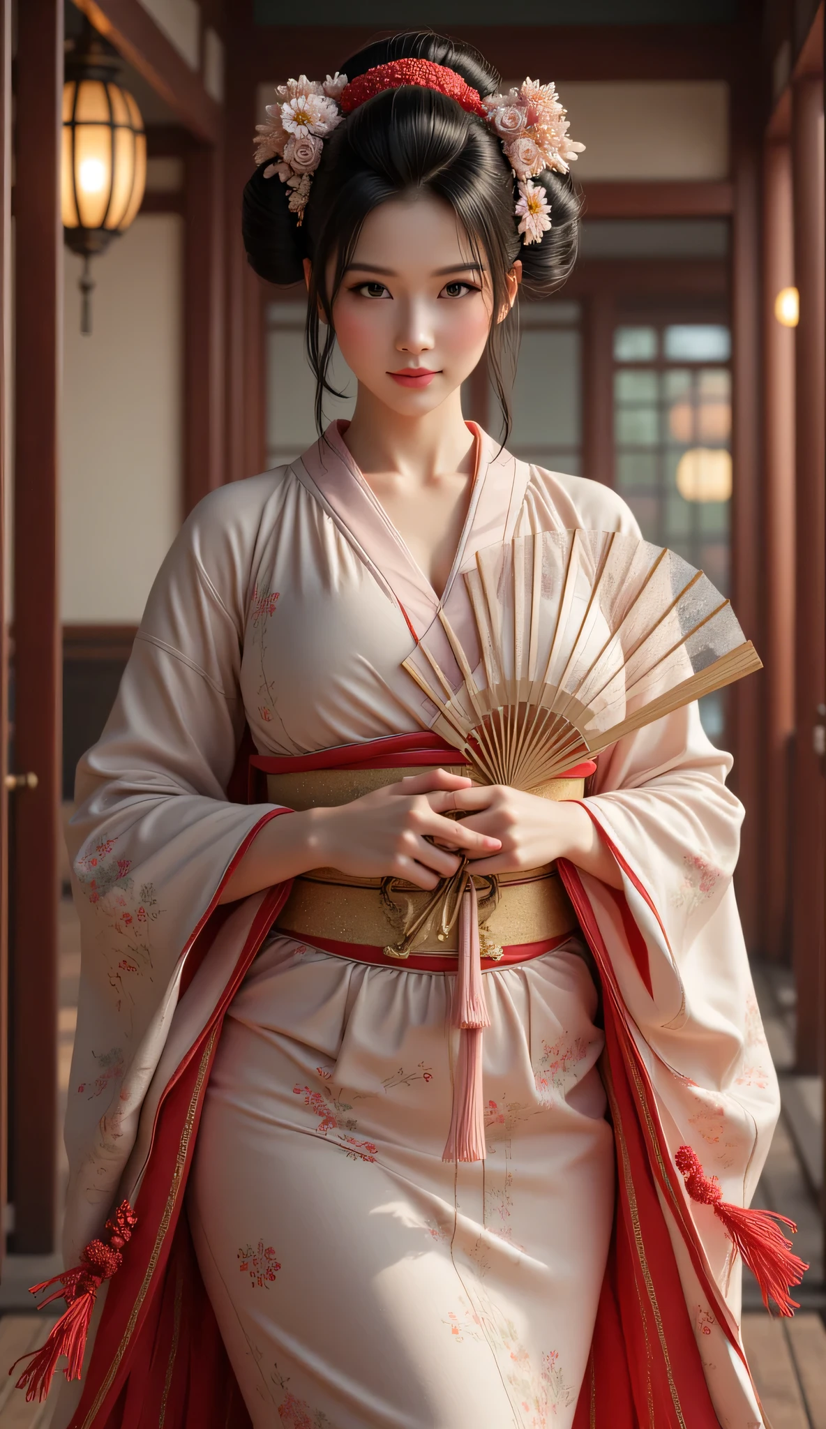 A symmetrically balanced distance wide angle image set in ancient tokugawa time era. The scene features a lively, luscious, and shapely anciently japanese woman, a folk geisha, with a blush and a smile, traditionally dressed in a shaped of anciently japan kimono bosomy tight dress, kimono obi. She is holding and showing up an ancient large size of folding fan accessory, which are intricately highlighted. The image is centered with wide central leading lines, and the scenery is that of inside the ancient japan palace. The lighting is soft, with the fullest depth of field. The woman's hands are realistic with accurately depicted human fingers, and her hair is shiny. The overall style is that of modelling photography, with influences from Artstation, Deviantart, and Unreal Engine art. The image has a ultra realistic upscale detailed 3D computer graphics feel, with elements of silkPunkAi artwork.(ultra realistic lifelike texture depth).