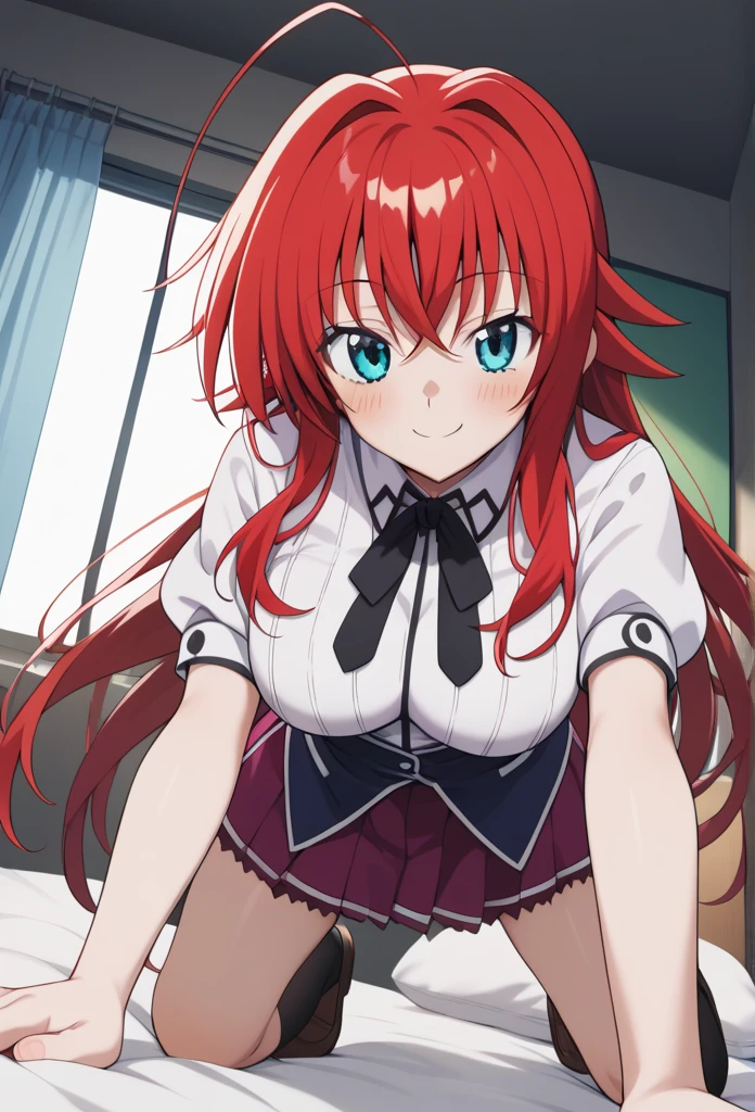 ((1girl)),((alone)),RiasGremory,(masterpiece), (best quality), (ultra detailed), (best illustration), (best shadow), (absurdities), sharp focus, cowboy shot, dynamic pose looking at viewer, big breasts, narrow waist, wide hips, medium thighs, round butt, dynamic posture, red hair, long hair, blue eyes, ahoge, , white shirt, striped shirt, long sleeves, bow on the collar, black bow, black corset, red skirt, short skirt, bare legs, white socks, brown loafers, smiling, playful look, seductive smile, closed mouth, seductive expression, (sexy pose: 1.2), ((only)), standing: 1.3, interior, school, classroom, desks, desk, window, sunset, looking forward, ((focus on thighs), point of view (from below), red blush, perfect anatomy, perfect hands.