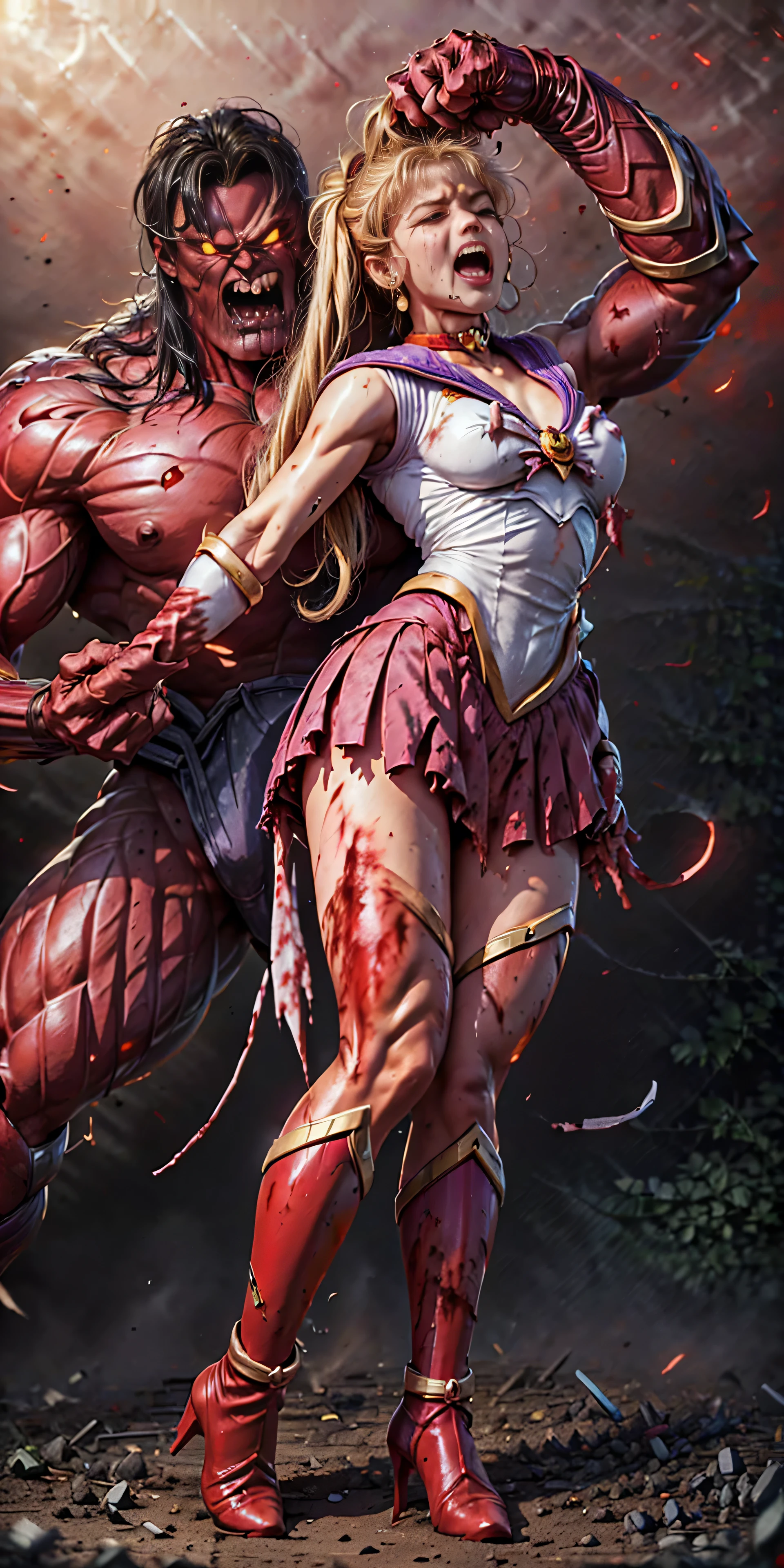 (The 8k quality, Ultra-high-resolution quality, Ultra high definition, Photorealistic, Best Quality):1.5, (masterpiece):1.4,
(camera angle from the front view):7.0,
(in the ruined school room):5.5,
(no NSFW, depiction of brutal violence battle, bloody brutal violence, hetero):1.5, (brutal battle of beautifully shaped 1 sailor moon and 1 huge THANOS wearing armor):10.0, (v1ct0ry, hold by head, head grab, legs off ground, legs dangling, arms dangling, full body view, CarnageStyle, (blood_red:1.5)):15.0, (brutal violence, 1 muscular THANOS wearing armor is grabbing sailor moon's head with his hand violently from her behind, grab head):15.0, (1 sailor moon grabbed head from behind, medium breasts):10.0, (sailor moon, blonde hair, twin ponytail hair, sailor senshi uniform, sailor collar, red bow, knee boots, red choker, white gloves, red choker, elbow gloves, jewelry, earrings, blue skirt, small breasts, lowered both arms):10.0, (extremely screaming face with pain, bloody face, closed eyes, medium build, medium height, broken armor):3.5,