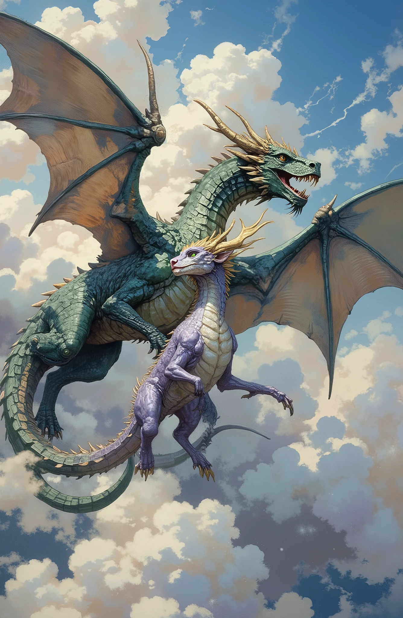 The picture shows two fantastic, incredibly picturesque dragons, brother and sister, soaring majestically in the clouds. their bodies are intricately curved. Brother is a fierce and majestic roaring dragon with sharp fangs and piercing golden eyes. His massive wings are spread wide. His brother's scales are a dark emerald-pearl color, and his wide, powerful wings cast a shadow on the clouds. His eyes glow with a bright yellow light, reflecting strength and confidence. The sister is smaller in size, the scales are colored in a delicate purple shade with golden iridescences, and looks more graceful. She has graceful high wings that shimmer slightly in the sun like precious stones. A soft green light plays in her sister's eyes, radiating kindness and care. Both dragons are connected by an invisible thread, their gazes intersect in the air, as if they understand each other without words. Airy and fluffy weightless clouds of pastel colors surround them, an atmosphere of magic and power reigns, creating a sense of harmony and unity. Digital painting. incredibly realistic and detailed ((masterpiece)) ((photo)) ((Highest Quality)) Hyper-realistic and highly detailed images.
