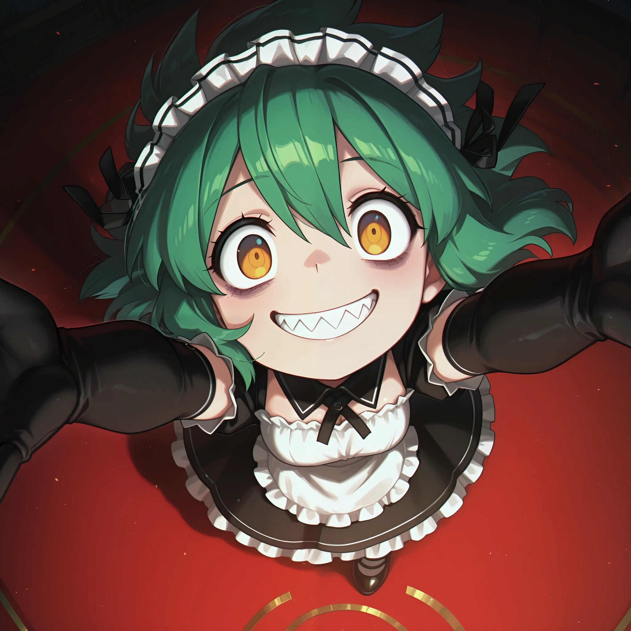 masterpiece, best quality, amazing quality, very aesthetic, high resolution, ultra-detailed, absurdres, newest, Anime screencap, highly detailed, high quality, hyper-Detailed, mistico_IL. BREAK. 1girl, green hair, solo, sharp teeth, teeth, smile, gloves, grin, black dress, elbow gloves, bags under eyes, maid headdress, looking at viewer, black gloves, dress, short hair, from above, outstretched arms, crazy eyes