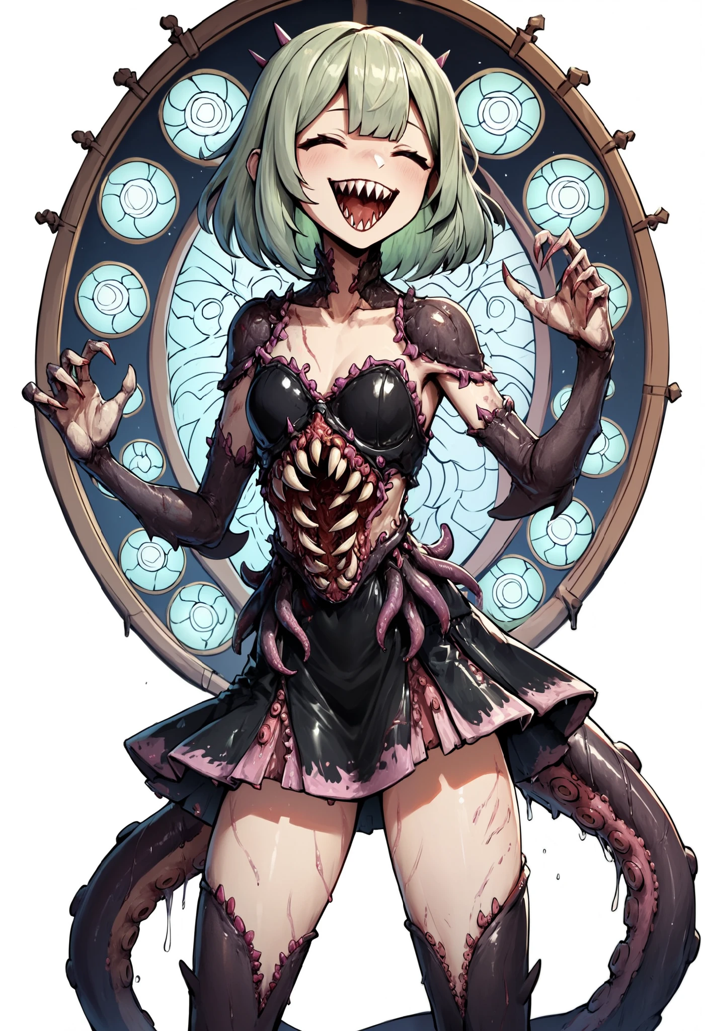Tentacle girl. Light green hair. Shark teeth. Laughing. Short skirt dress. Stained glass style glowing costume. Bionic costume. Tentacles with mouths at the end. Demogorgon tentacles. White background.