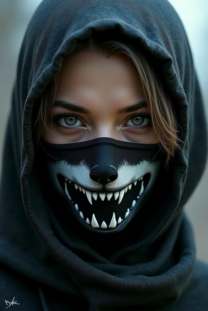 <lora:brho:0.7>brho, woman with green pink and black hair and amber eyes and tattoos, chest exposed, cleavage, bandana covering face and neck with beast mouth and teeth on it, purple grey gradient spiral background, snow