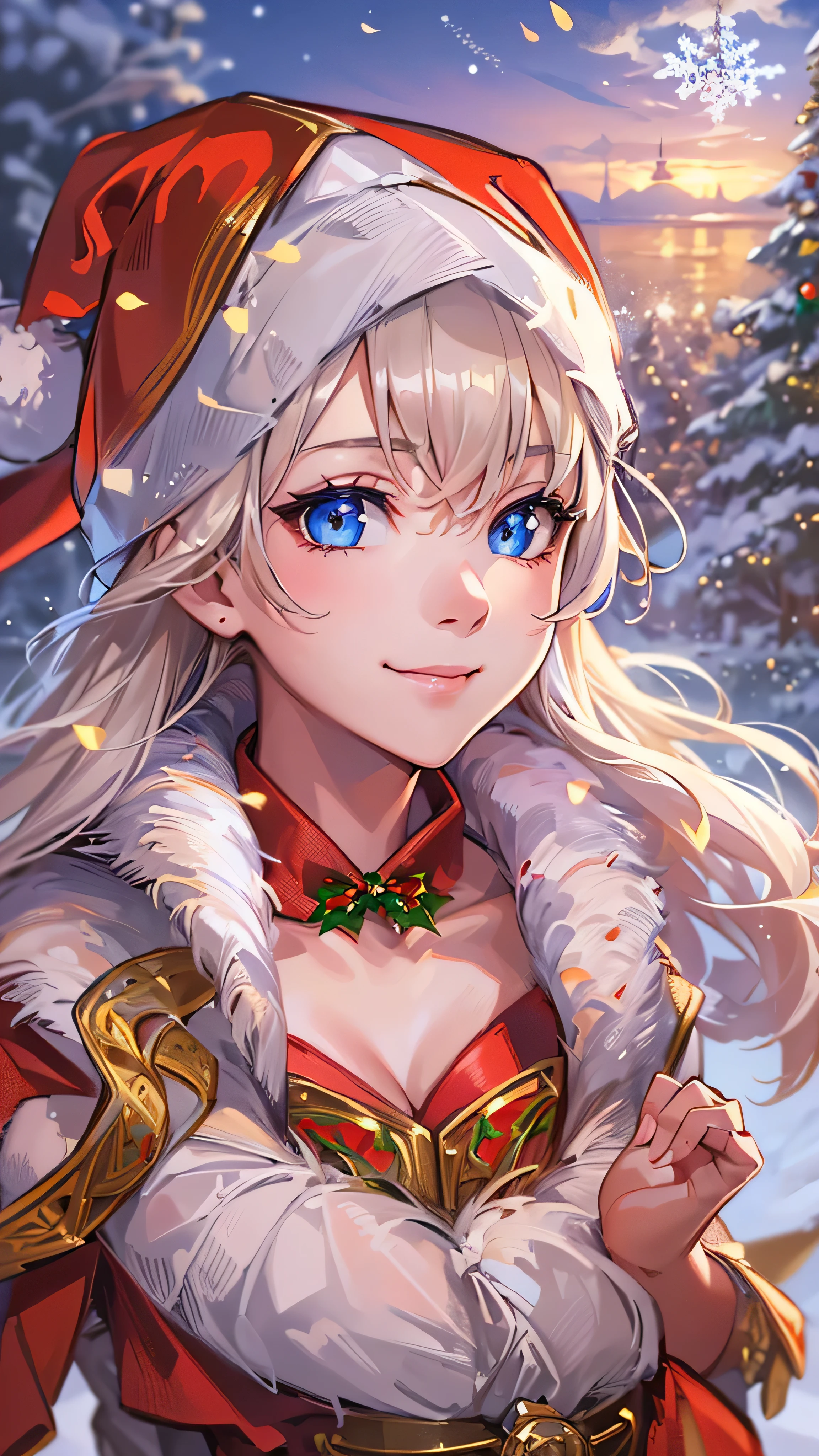 Face focus,A female mage,Snow-white hair,There is eyeshadow close to snow-white,Green eyes,He wears a yellow necklace around his neck,Wear Christmas clothes,Christmas sticks in hand,A antler headdress is worn on his head