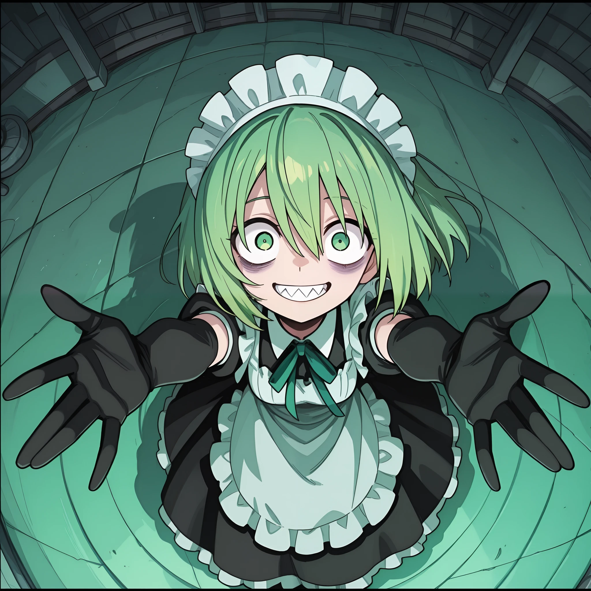 masterpiece, best quality, amazing quality, very aesthetic, high resolution, ultra-detailed, absurdres, newest, Anime screencap, highly detailed, high quality, hyper-Detailed, mistico_IL. BREAK. 1girl, green hair, solo, sharp teeth, teeth, smile, gloves, grin, black dress, elbow gloves, bags under eyes, maid headdress, looking at viewer, black gloves, dress, short hair, from above, outstretched arms, crazy eyes