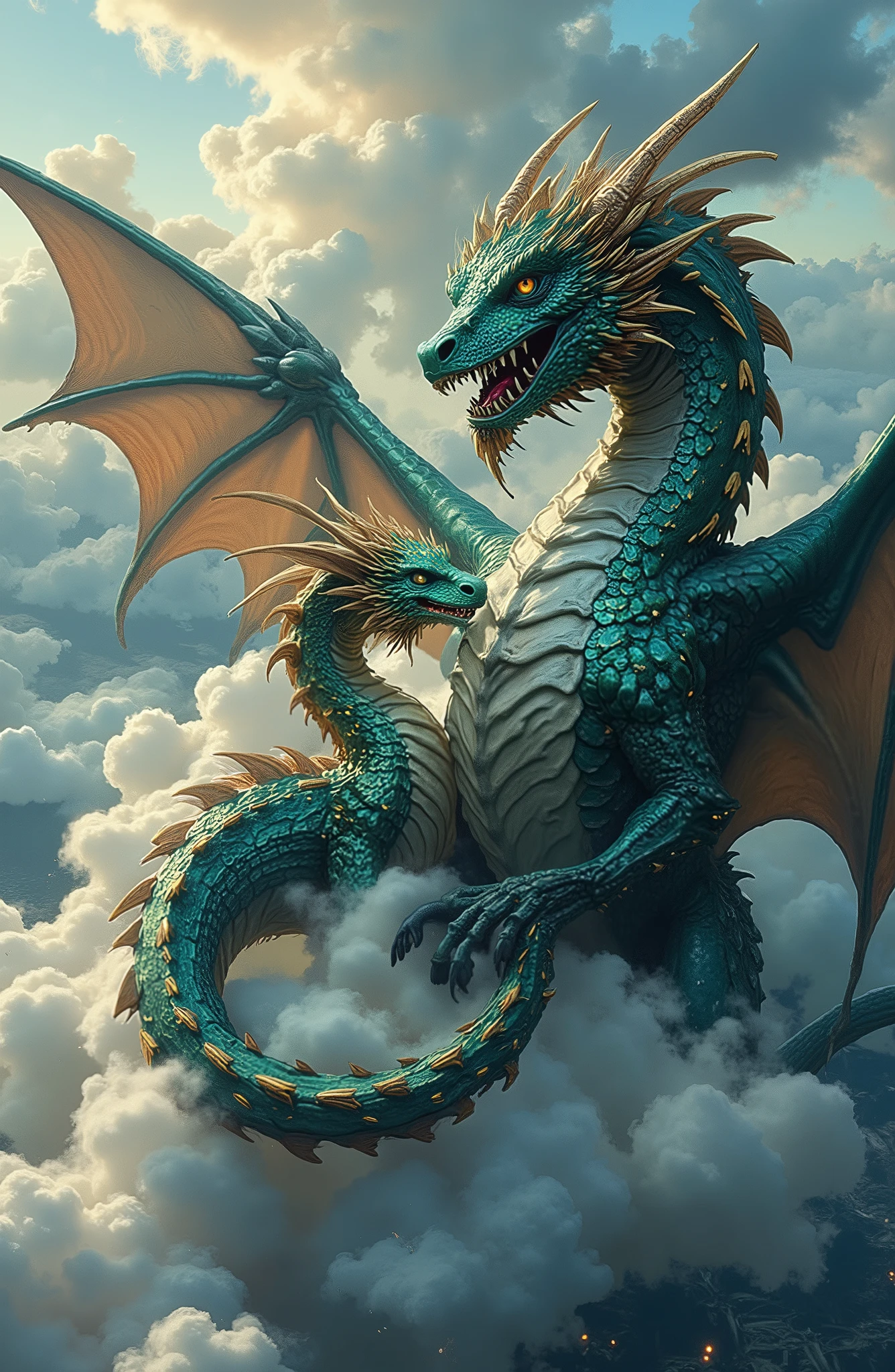 The picture shows two fantastic, incredibly picturesque dragons, brother and sister, soaring majestically in the clouds. their bodies are intricately curved. Brother is a fierce and majestic roaring dragon with sharp fangs and piercing golden eyes. His massive wings are spread wide. His brother's scales are a dark emerald-pearl color, and his wide, powerful wings cast a shadow on the clouds. His eyes glow with a bright yellow light, reflecting strength and confidence. The sister is slightly smaller in size, the scales are painted in a delicate turquoise shade with golden iridescences, looks more graceful. She has graceful high wings that shimmer slightly in the sun like precious stones. A soft green light plays in her sister's eyes, radiating kindness and care. Both dragons are looking at the viewer. Sunlight breaks through the clouds, and an invisible thread connects the two dragons, their gazes intersect in the air, as if they understand each other without words. Airy and fluffy weightless clouds of pastel colors surround them, an atmosphere of magic and power reigns, creating a sense of harmony and unity. Digital painting. incredibly realistic and detailed ((masterpiece)) ((photo)) ((Highest Quality)) Hyper-realistic and highly detailed images.