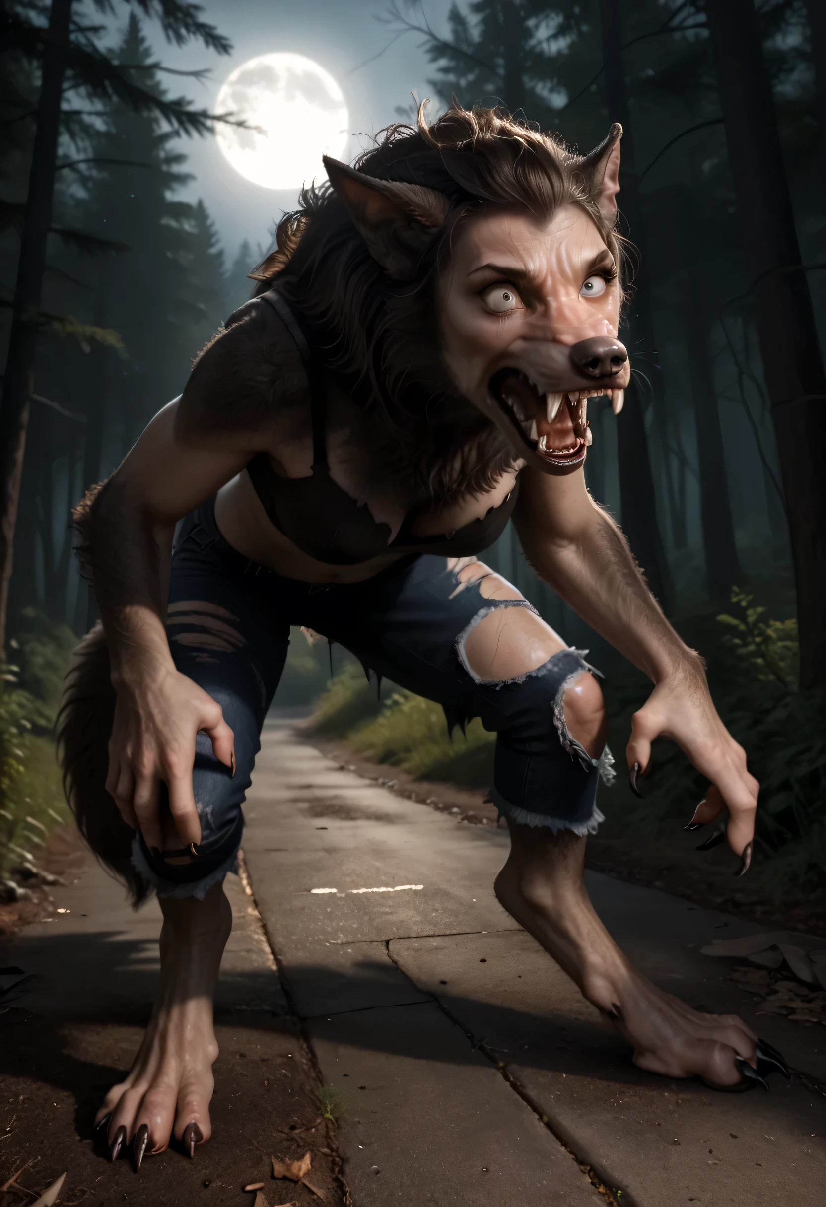 Woman sitting on floor:1.1, arm support, Leaning forward, female morfing into Werewolf, mid transformation:1.2, Werewolf:0.8, forefeet, curved pose:1.2, dynamic pose, wide chest:1.2, fangs, human nose, growing fur, fur spread everywhere, fluffy, very hairy, black claws, by loboleo, long fluffy tail, torn clothes, shocked:0.8, in pain:0.8, screaming:0.8, sharp ears:0.8, forest, trail, ((darkness, moonlight, dramatic light))(, realistic photo, realistic, ultra realistic concept art, photo realistic horror, hyper realistic nightmare scene, Dramatic, Cinematic, quality 8k, ultra realistic , hyper realistic ,deep details, nsfw)