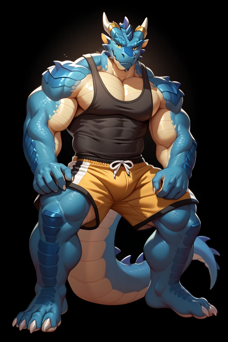 solo, anthro, male, Shark ((detailed muscles)) (alligator print), blue skin, blue body, white belly, shark fin on head, fins on elbow, tail, long shark tail, black sclera, yellow pupils, workout outfit, white tank top, black short, black baseball cap, black cap, sharp teeths, gills on neck, red lines on neck, big pecs, aggressive, angry, raging, menacing, menace, gym back ground, yellow eyes, black sclera, muscular, big arms, veins on arms, flexing arms, toothy smile, standing up, muscular, (by null-ghost, masterpiece, hi-res, 8k) detailed body, detailed face, big scar on chest, fins on elbows, arms behind back, flexing, head facing sideways, black shorts, gym shorts, gym background, white tank top, loose clothing, (white tank top :1.1) (Loose white tank top), (fins on elbow), flexing
