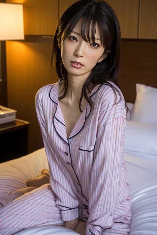 Ultra-high resolution, (Realistic), RAW Photos, Highest quality, concentrated, Soft Light, One person, ((20-year-old)), ((Japanese)), (front, Young Face))), masterpiece, short hair, Black Hair, Bedroom, Small , Sleep on your back, (pajamas), whole body, (Very good), (Cleavage), 