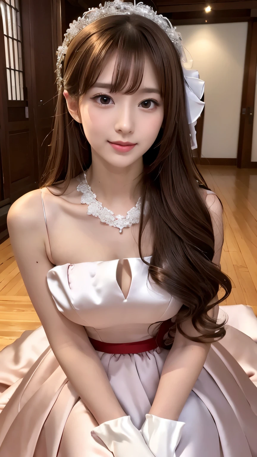 A close up of a woman in a wedding dress sitting on a floor - SeaArt AI