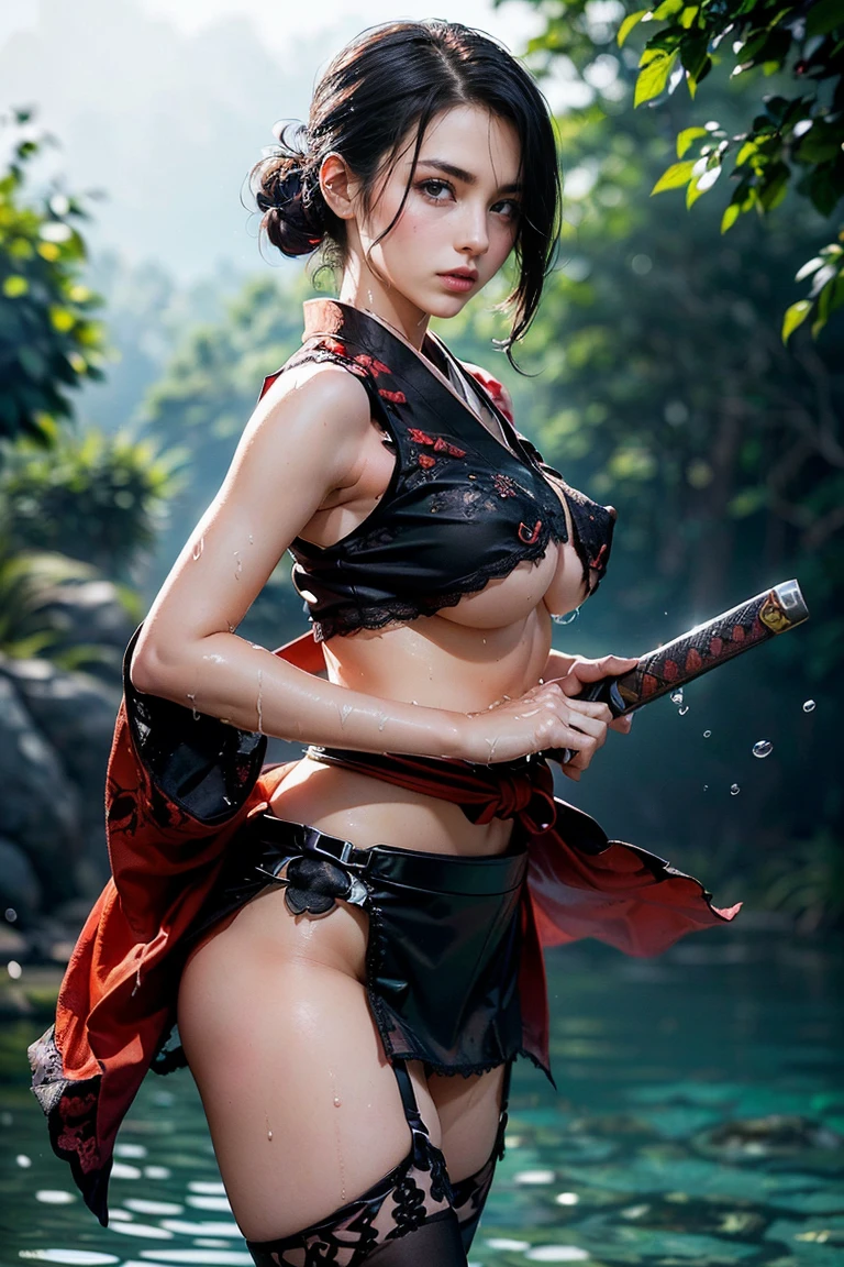 (Best quality, 8K, 32K, masutepiece, YKK:1.2), rival 2girls, longshot、fullllbody、Game screen、beautiy Japanese woman, narrowwaist, Kunoichi, Heavily wet and see-through clothes、Transparent nipple,Fight face to face, Open jacket, ninjas, random breast, Detailed face, Wet long ponytail,have ninja sword、intense action、River in the mountains、Heavy splashes