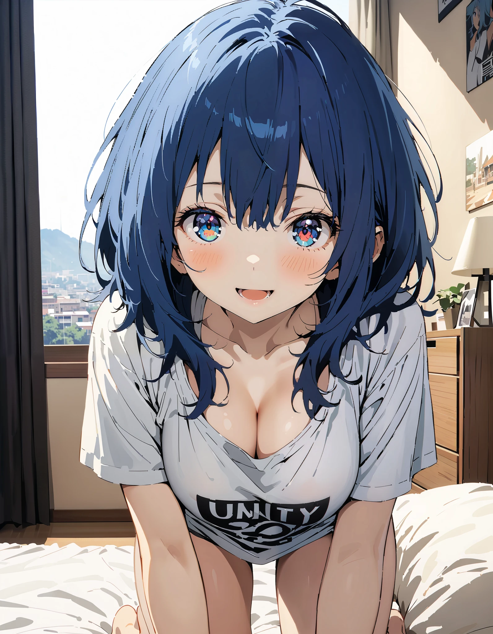 Anayanami , medium hair , blue eyes, stupid hair, blue hair, Big Breasts, cleavage, down blouse, loose t-shirt ,Black string underwear ,Bare legs, standing on all fours on the bed,smile,blush, open your mouth, decor,morning,whole bodyがイラストに入るように, break indoors,bedroom,
break looking at viewer,whole body,
break ( Masterpiece:1.2), highest quality , kampala, Unity 8k Wallpaper,(shape:0.8),( fine, beautiful eyes :1.6),It's a person ,whole body写真,CG Details , ( perfect hand, Complete Anatomy),