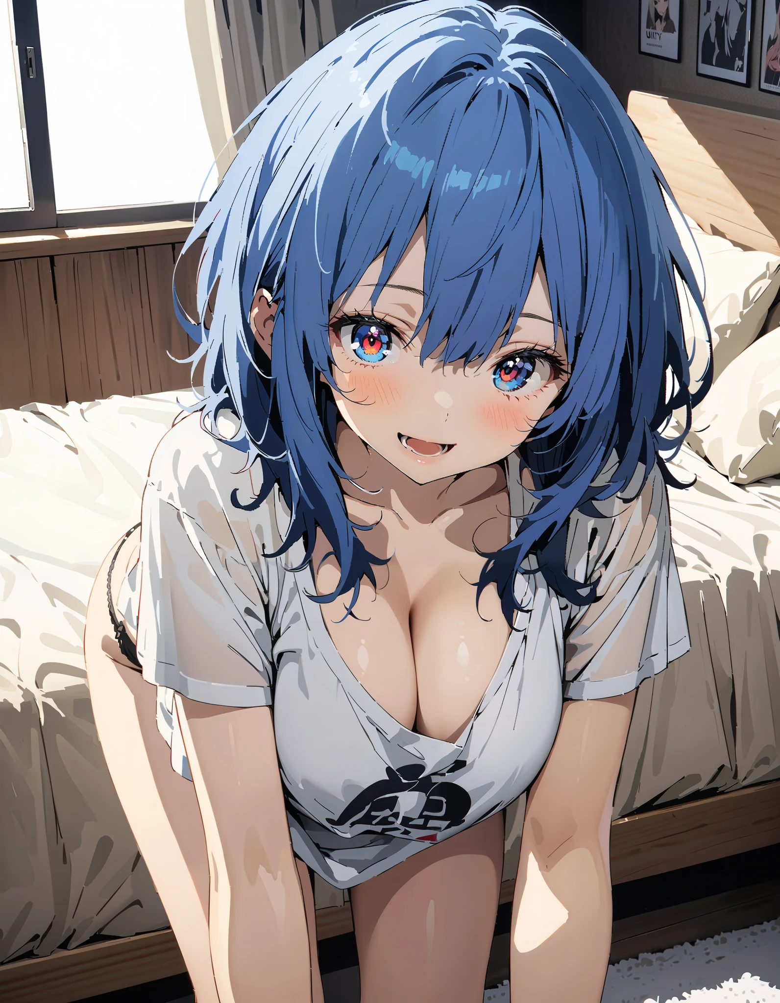 Anayanami , medium hair ,  blue eyes, stupid hair, blue hair, Big Breasts, cleavage, down blouse,  loose t-shirt ,Black string underwear ,Bare legs, standing on all fours on the bed,smile,blush, open your mouth, decor,morning,whole bodyがイラストに入るように,       break indoors,bedroom,
break looking at viewer,whole body,
break ( Masterpiece:1.2), highest quality , kampala, Unity 8k Wallpaper,(shape:0.8),(  fine, beautiful eyes  :1.6),It's a person ,whole body写真,CG Details , ( perfect hand, Complete Anatomy),