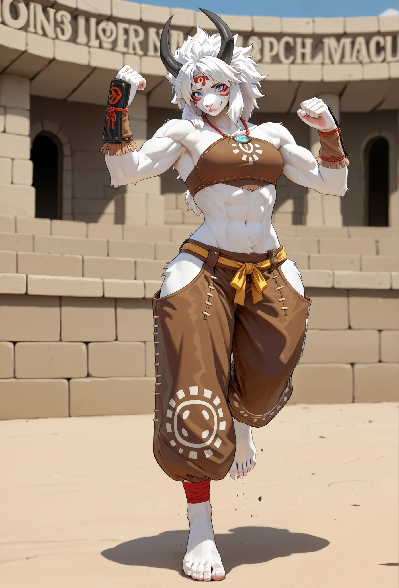Monster,female furry,buff,muscular,stylish primal outfit,tribal suit,barefoot,white pale fur,black horns,sexy mood,90’s anime style,arena background,8K,FullHDR,fullbody,perfect quality,epic settings,detailed poses,dynamic poses