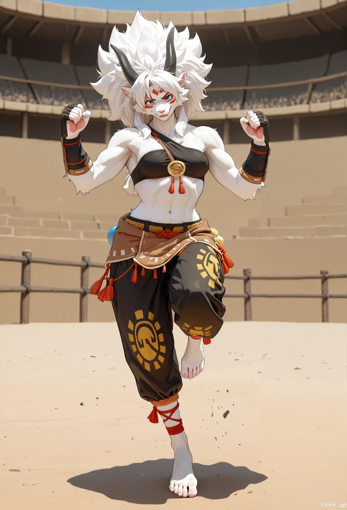 Monster,female furry,buff,muscular,stylish primal outfit,tribal suit,barefoot,white pale fur,black horns,sexy mood,90’s anime style,arena background,8K,FullHDR,fullbody,perfect quality,epic settings,detailed poses,dynamic poses