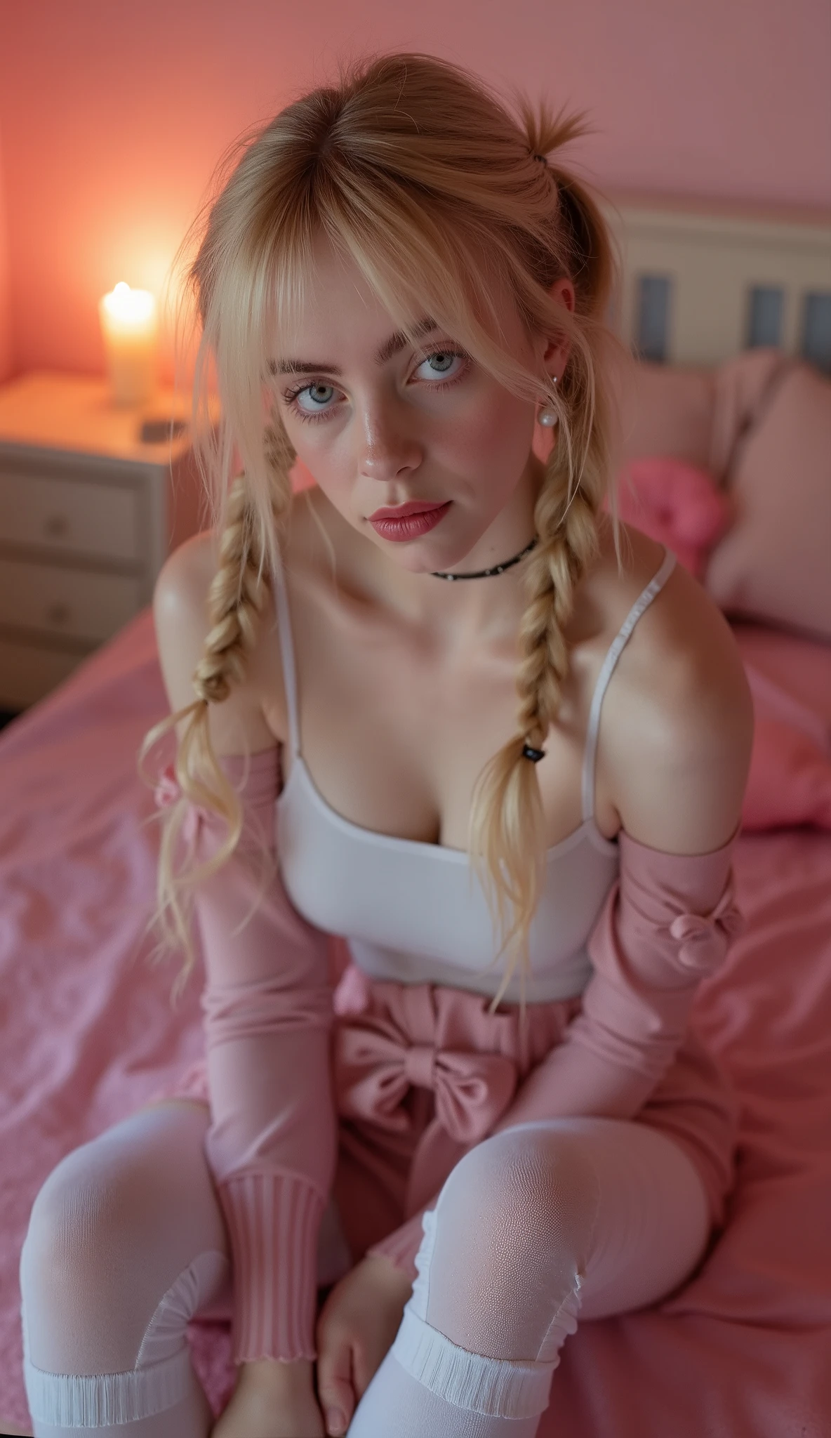 a girl, sexy 18 year old girl , pigtails, beautiful face, gorgeous, beautiful, beautiful, beautiful face, pale skin, regions, Blond hair, blue eyes, Full and bright lips, big lips, thick lips, parted lips , long , mask, skinny thighs, petite Body, , skinny, flat breasted , skinny, Body( Body heigth:140cm), big head, innocent look, young face, long pink nails, choker, feet and heels hd, large pink hoop earrings microplaid skirt , off her shoulders white tank top , tight and collected white tights , black patent leather heels , sweaty, Sitting in a bedroom with candles and a soft, warm light. The colors of the room are pink and white , perfect eyes , very detailed eyes, beautiful and expressive , detailed eyes , 35 mm photograph , film , bokeh, professional , 4k, Highly detailed dynamic lighting , photorrealist, 8K, raw, rico, intricate details , nude, Without a hood
