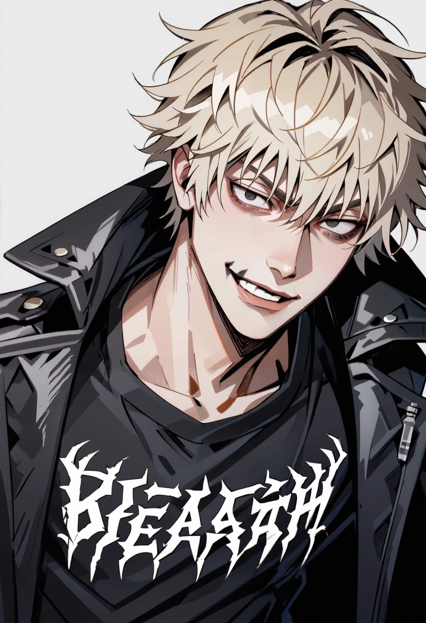 one man, black death metal shirt, keen eyes, messy blonde hair, short hair, bangs, black pants, looking at viewer, black eyes, EPblackmetalprint, wearing EPblackmetalprint, black coat, studded coat, long coat, simple background, bags under eyes, sexy, handsome, smirk
