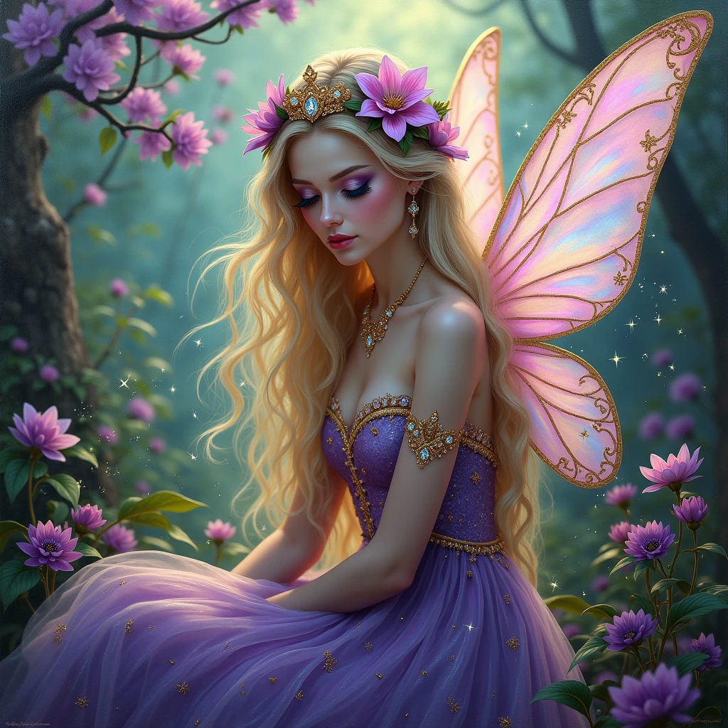 a picture of a jungle fairy, an extraordinary beautiful, elegant beauty, divine beautiful fairy, ((anatomically correct: 1.5)) spread butterfly wings, blue and purple wings, pink eyes, glowing eyes, (ultra detailed face: 1.2), best detailed face,  blond hair, rich hair, wavy hair, glamour dress, wild dress, dress decorated with jungle flowers,  sitting on massive heliconia tree the rain forest, sun rays coming through the trees, Hyperrealism style, vibrant, Ultra-high resolution, High Contrast, (masterpiece:1.5), highest quality, Best aesthetics), best details, best quality, highres, ultra wide angle, 16k, [ultra detailed], masterpiece, best quality, (extremely detailed) RAW, Cinematic Hollywood Film style, FairyTaleAI, fairy wings, digital painting, chumbasket art style
