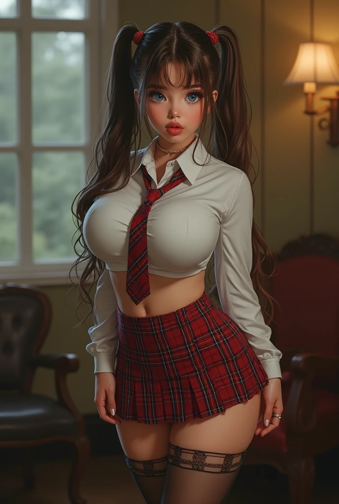 8k, highly detailed, very realistic, perfect face, masterpiece, busty brunette, white girl, 16-year-old, tiny, curvy, big natural tits, perfect nipples, big lips, uniform, topless, hogwarts